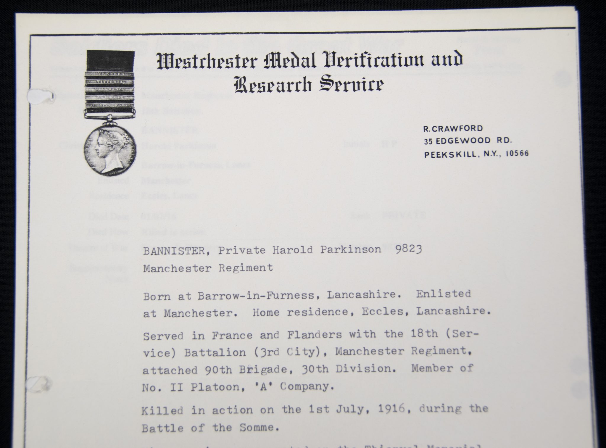 (British Army) First Day of the Somme 1 July 1916 - Brittish War Medal of Private Harold Parkinson Bannister, 9823, 18th Bn., Manchester Regiment - Image 17