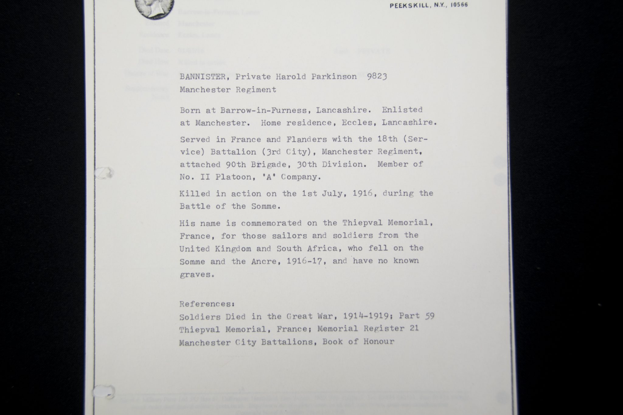 (British Army) First Day of the Somme 1 July 1916 - Brittish War Medal of Private Harold Parkinson Bannister, 9823, 18th Bn., Manchester Regiment - Image 18