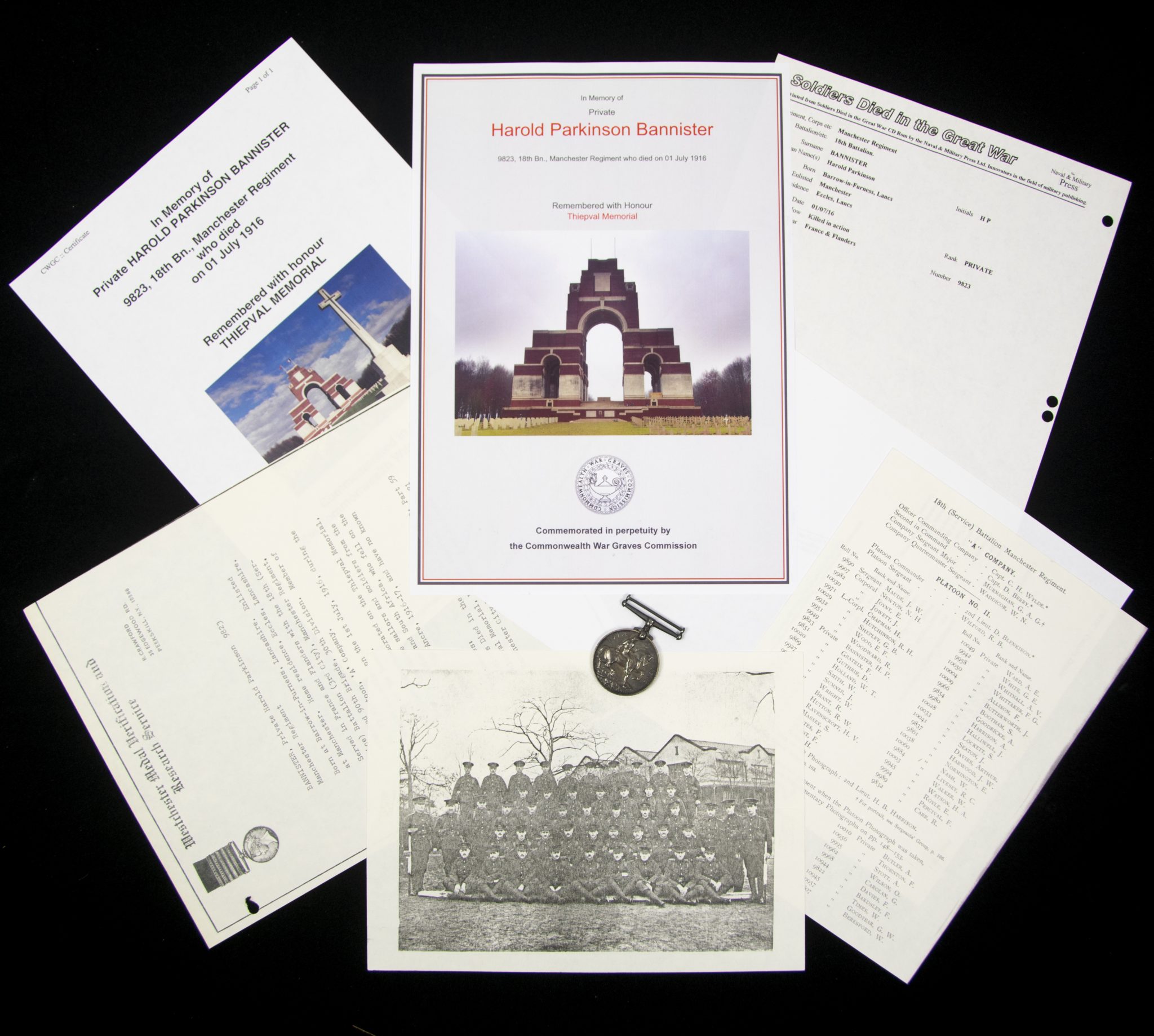 (British Army) First Day of the Somme 1 July 1916 - Brittish War Medal of Private Harold Parkinson Bannister, 9823, 18th Bn., Manchester Regiment