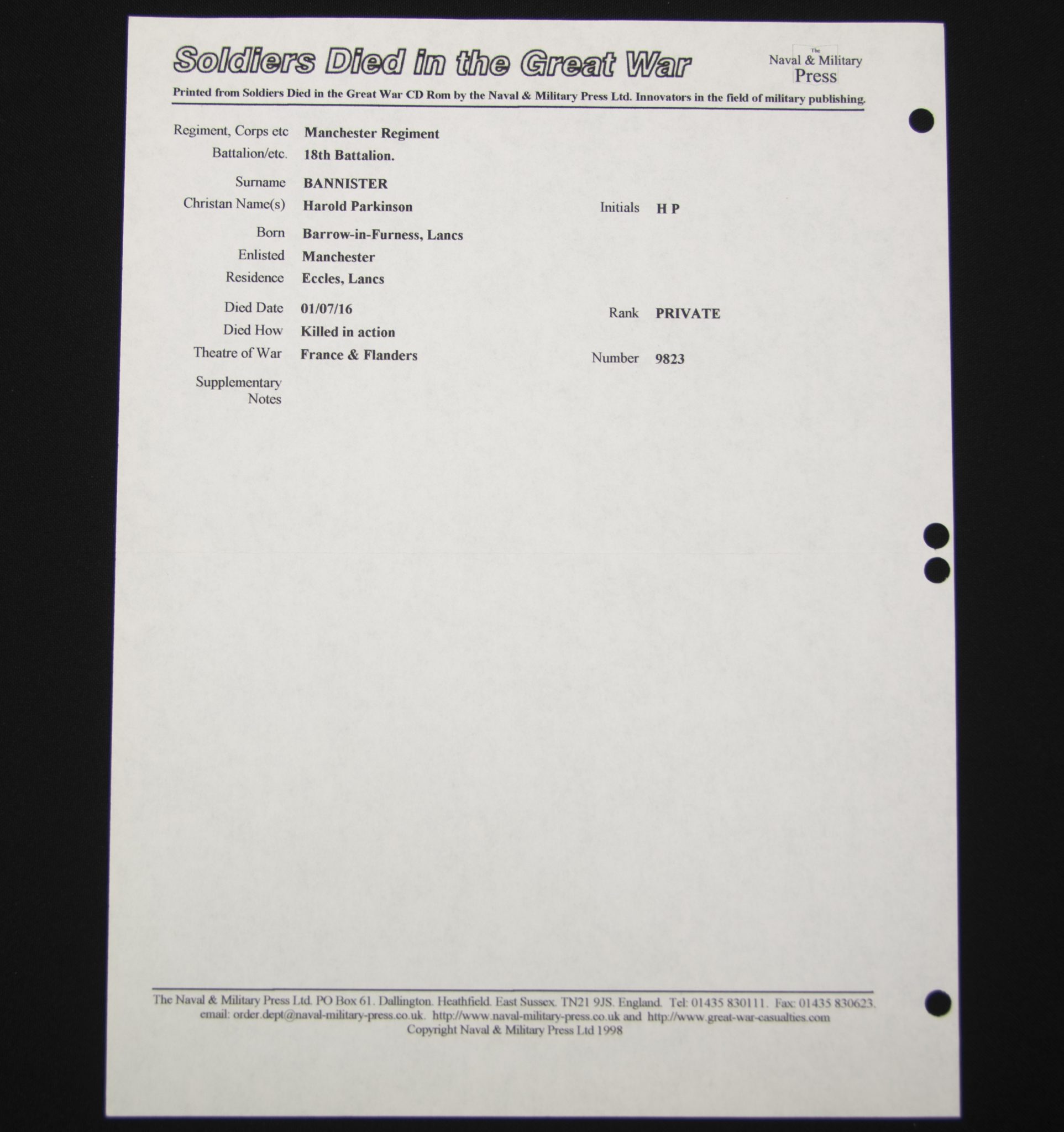 (British Army) First Day of the Somme 1 July 1916 - Brittish War Medal of Private Harold Parkinson Bannister, 9823, 18th Bn., Manchester Regiment - Image 19