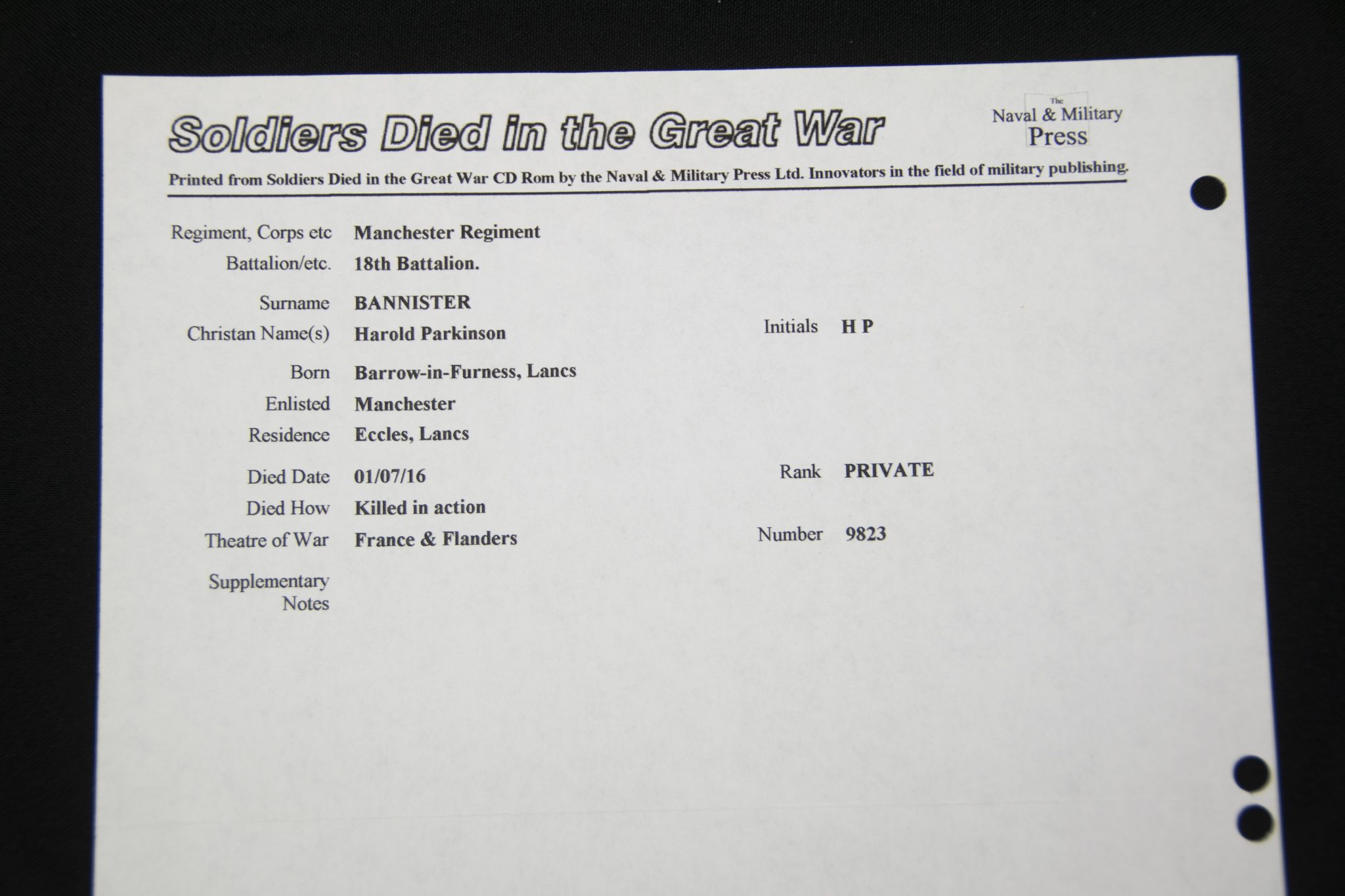 (British Army) First Day of the Somme 1 July 1916 - Brittish War Medal of Private Harold Parkinson Bannister, 9823, 18th Bn., Manchester Regiment - Image 20