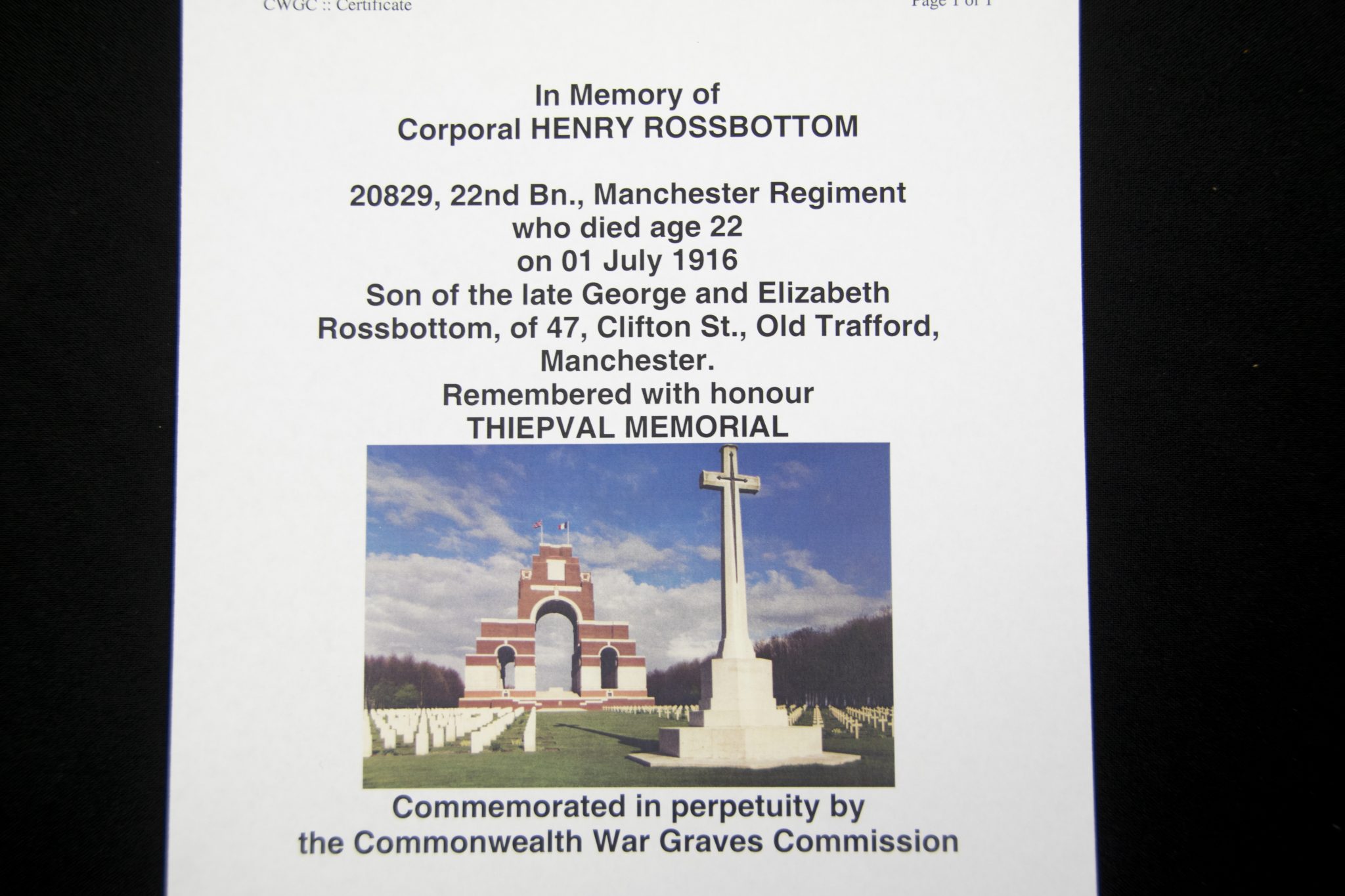 (British Army) First Day of the Somme 1 July 1916 - Memorial plaque of Corporal Henry Rossbottom, 20829, 22nd Bn., Manchester Regiment - Image 10