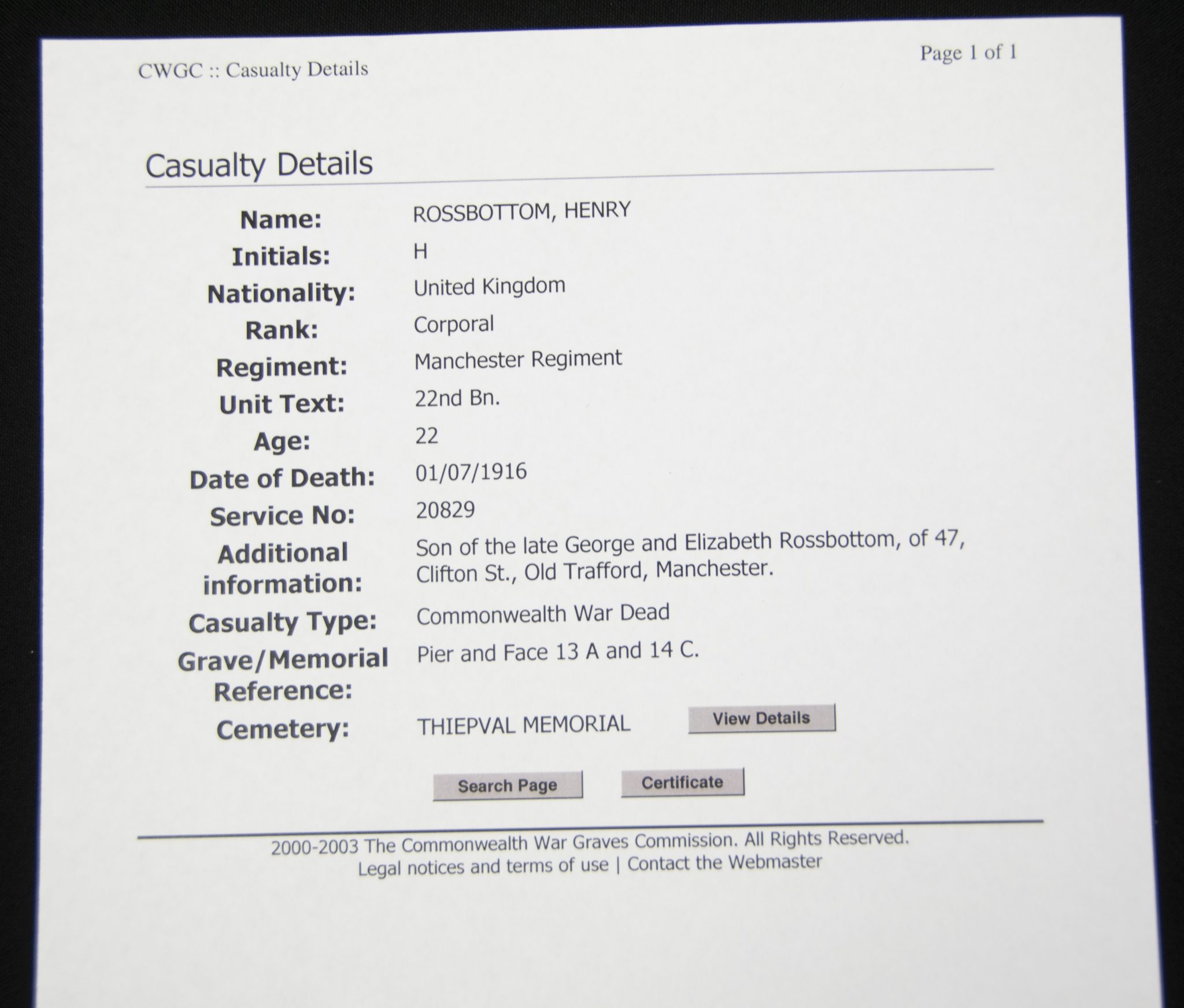 (British Army) First Day of the Somme 1 July 1916 - Memorial plaque of Corporal Henry Rossbottom, 20829, 22nd Bn., Manchester Regiment - Image 11