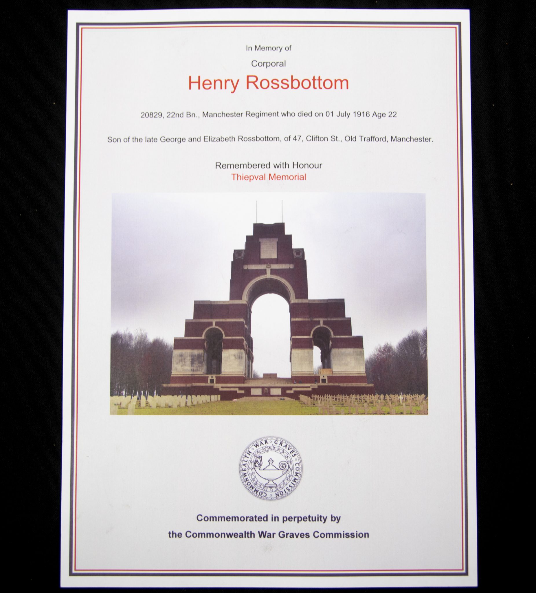 (British Army) First Day of the Somme 1 July 1916 - Memorial plaque of Corporal Henry Rossbottom, 20829, 22nd Bn., Manchester Regiment - Image 6