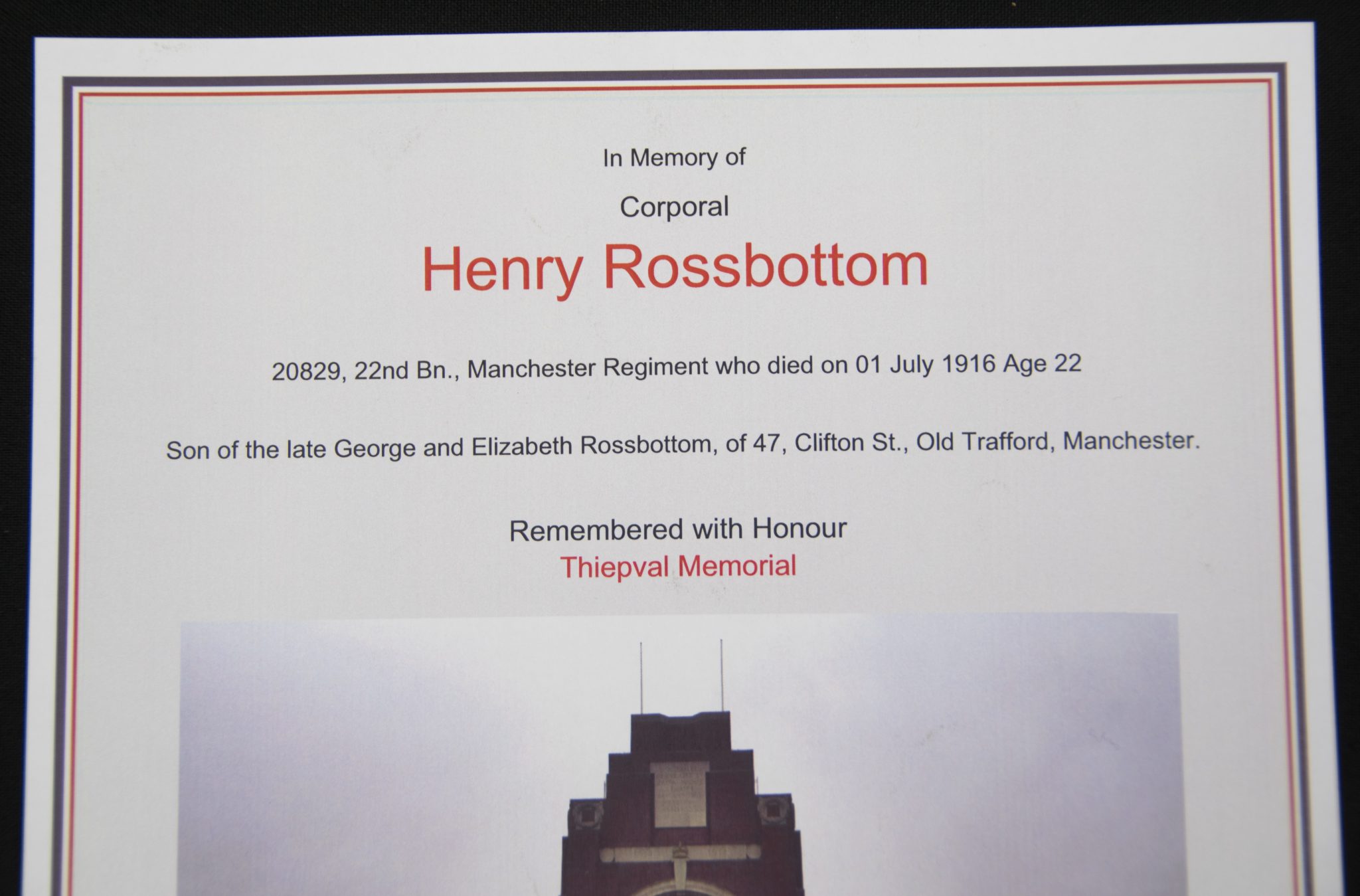 (British Army) First Day of the Somme 1 July 1916 - Memorial plaque of Corporal Henry Rossbottom, 20829, 22nd Bn., Manchester Regiment - Image 7