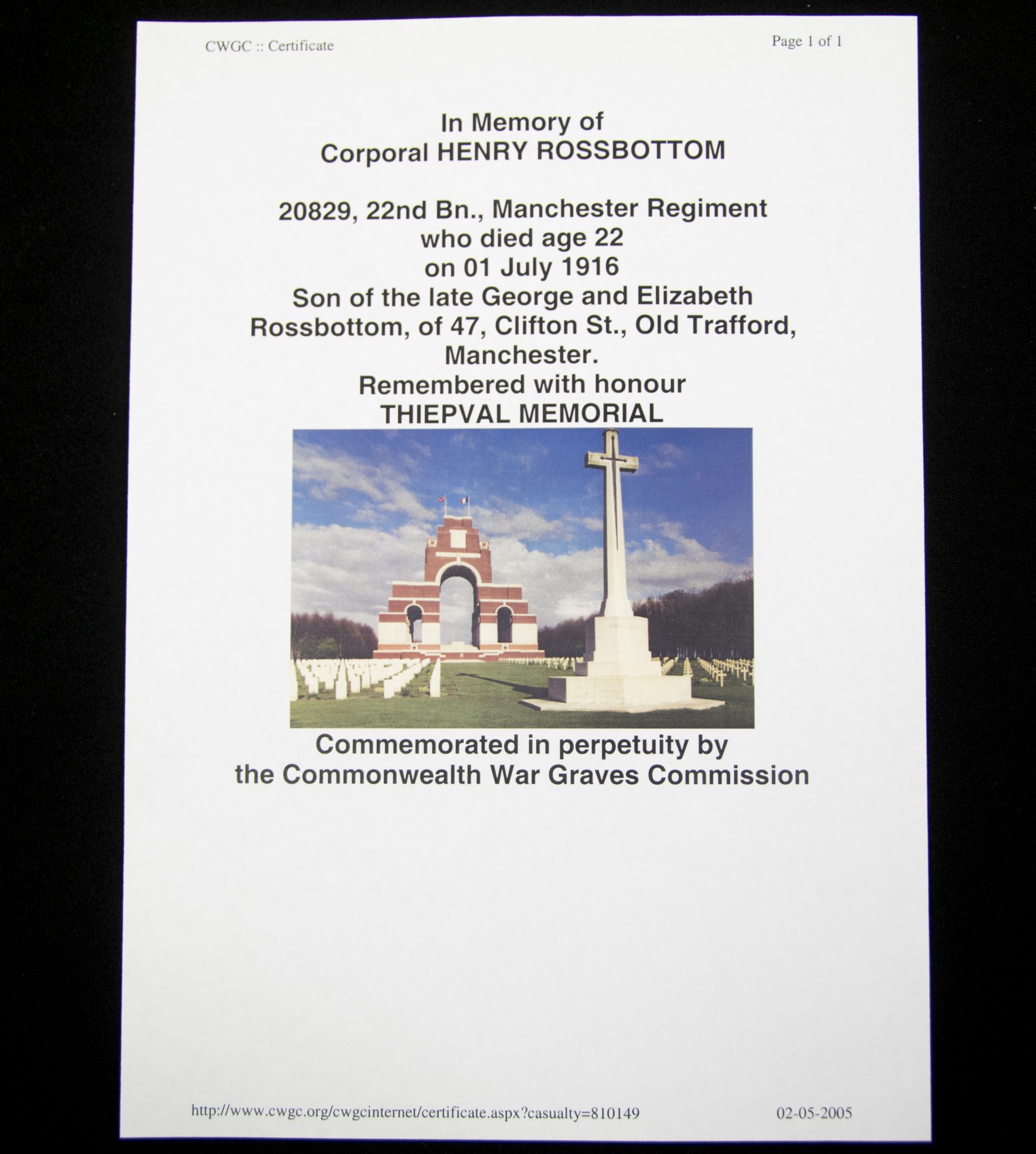 (British Army) First Day of the Somme 1 July 1916 - Memorial plaque of Corporal Henry Rossbottom, 20829, 22nd Bn., Manchester Regiment - Image 9