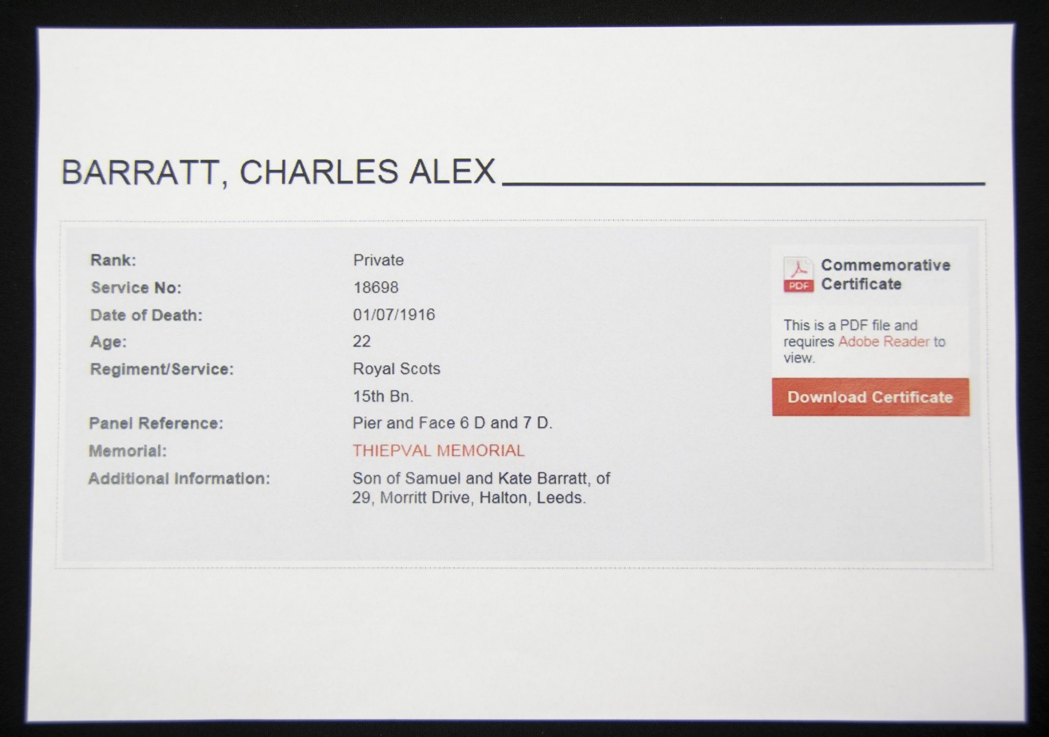 (British Army) First Day of the Somme 1 July 1916 - Memorial plaque of Privat Charles Alex Barratt, 18698, 15th Bn., Royal Scots - Image 9