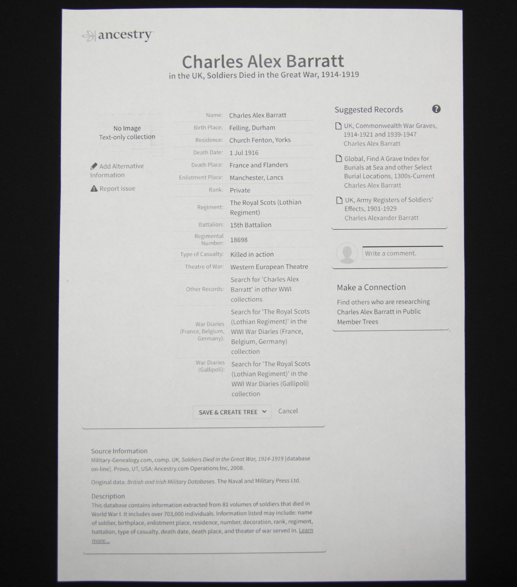 (British Army) First Day of the Somme 1 July 1916 - Memorial plaque of Privat Charles Alex Barratt, 18698, 15th Bn., Royal Scots - Image 12