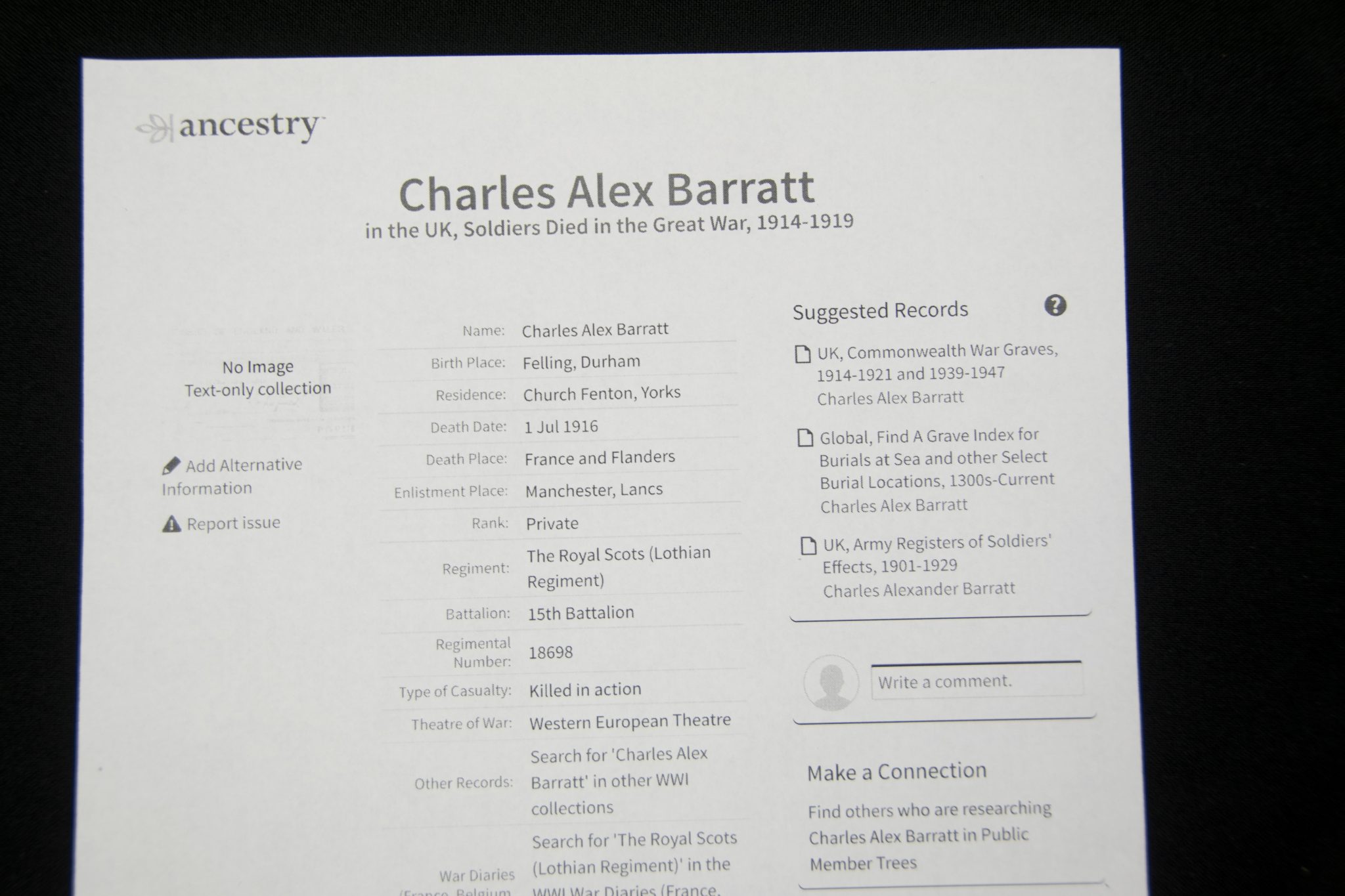 (British Army) First Day of the Somme 1 July 1916 - Memorial plaque of Privat Charles Alex Barratt, 18698, 15th Bn., Royal Scots - Image 13