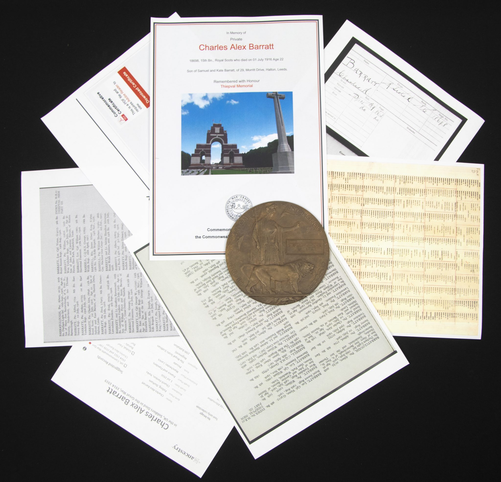 (British Army) First Day of the Somme 1 July 1916 - Memorial plaque of Privat Charles Alex Barratt, 18698, 15th Bn., Royal Scots