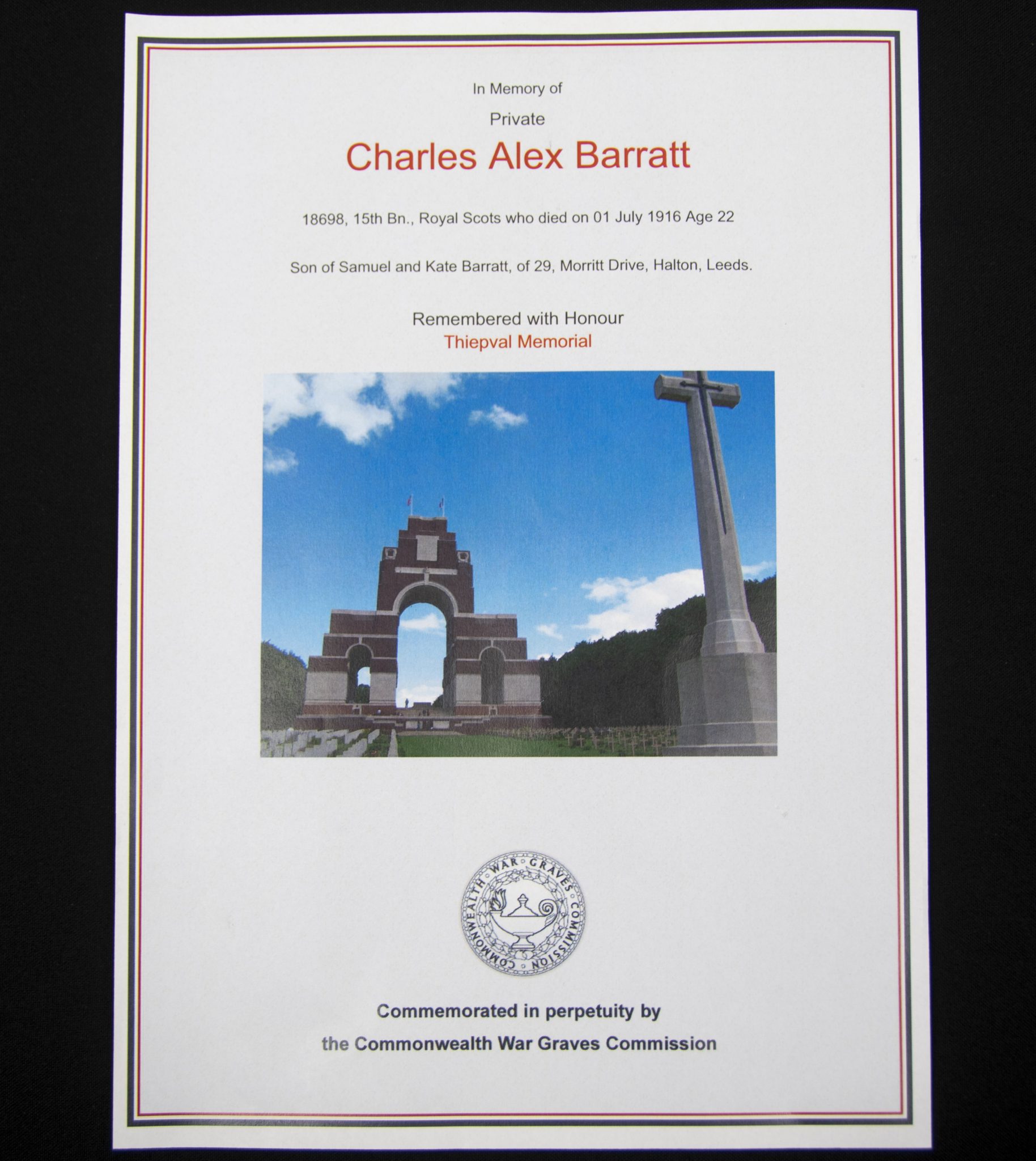 (British Army) First Day of the Somme 1 July 1916 - Memorial plaque of Privat Charles Alex Barratt, 18698, 15th Bn., Royal Scots - Image 6