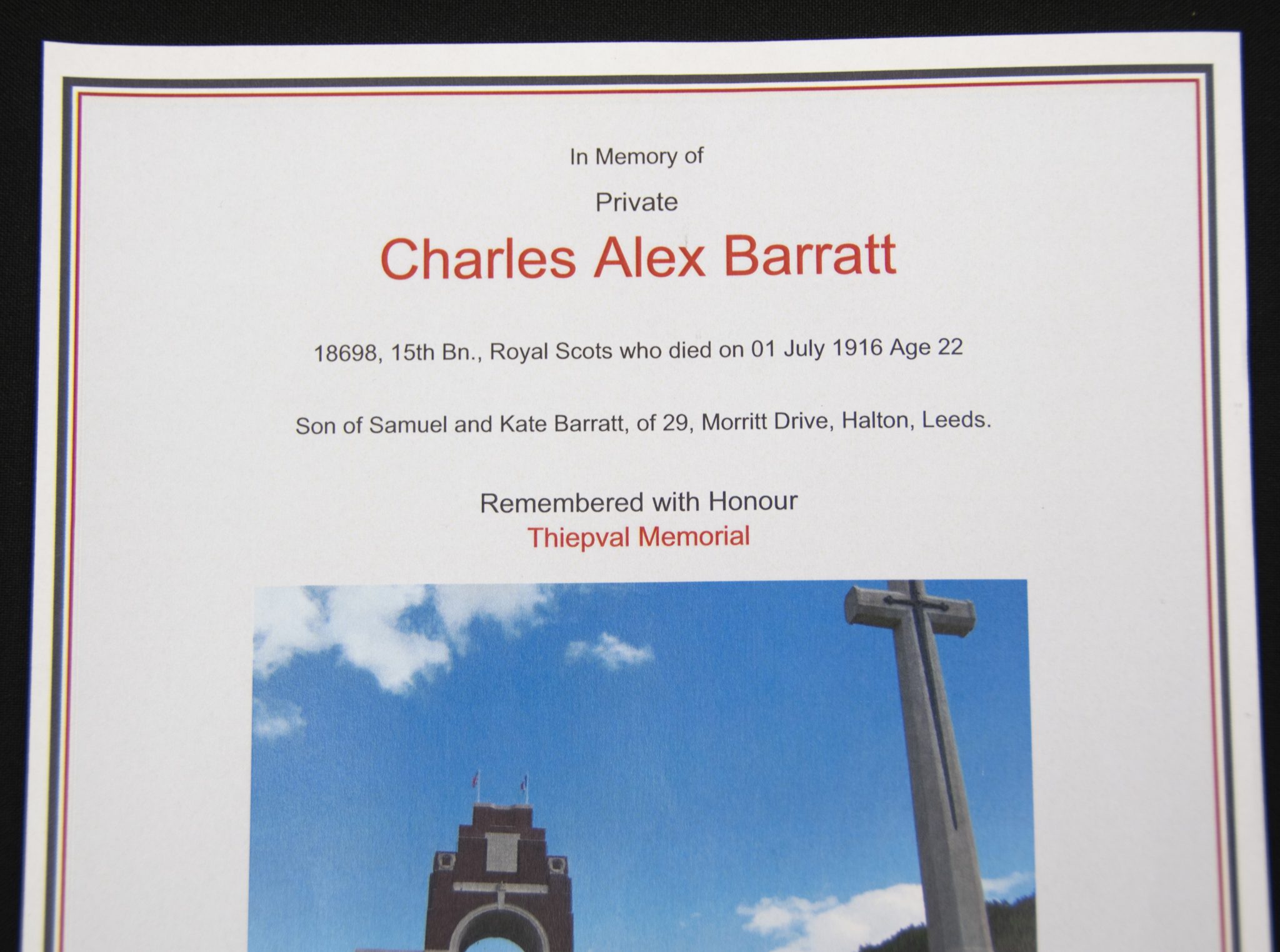 (British Army) First Day of the Somme 1 July 1916 - Memorial plaque of Privat Charles Alex Barratt, 18698, 15th Bn., Royal Scots - Image 7