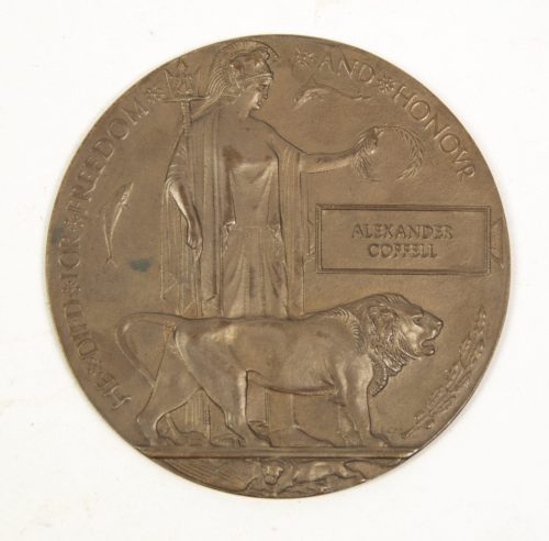 (British Army) First Day of the Somme 1 July 1916 - Memorial plaque of Private Alexander Coffell, 26183, 16th Bn., Highland Light Infantry