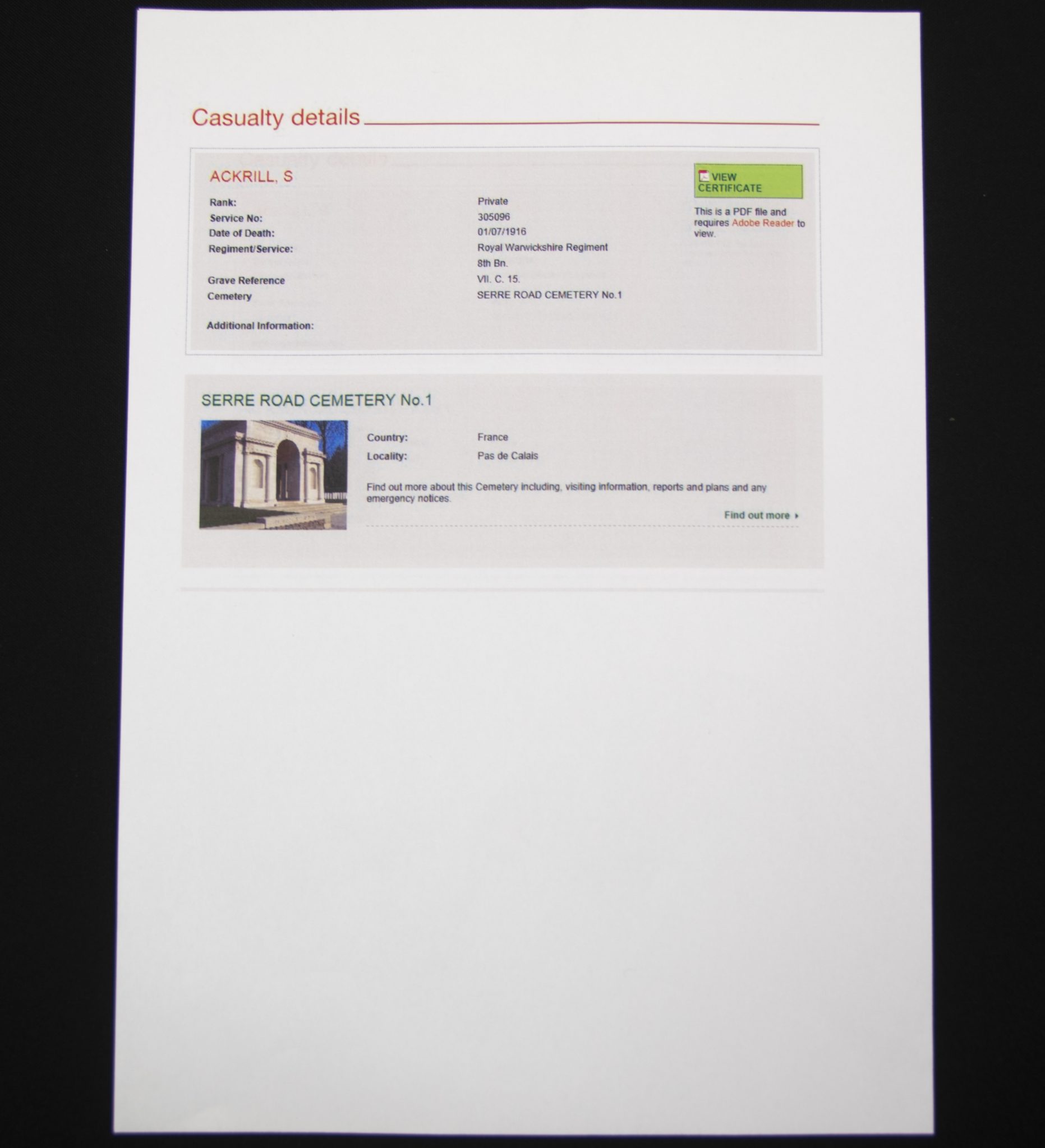 (British Army) First Day of the Somme 1 July 1916 - Memorial plaque of Private Sidney Ackrill, 305096, 8th Bn., Royal Warwickshire Regiment - Image 9