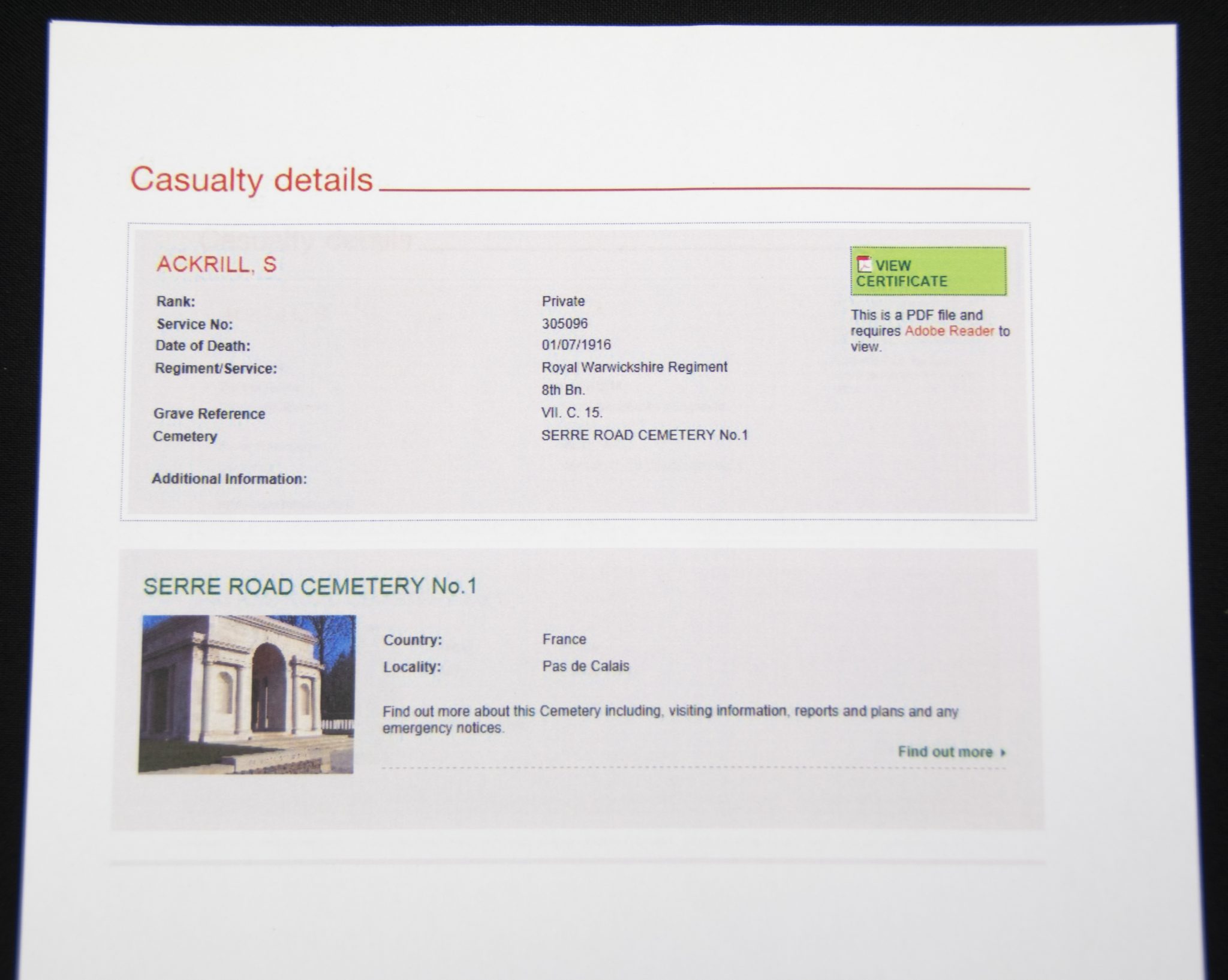 (British Army) First Day of the Somme 1 July 1916 - Memorial plaque of Private Sidney Ackrill, 305096, 8th Bn., Royal Warwickshire Regiment - Image 10