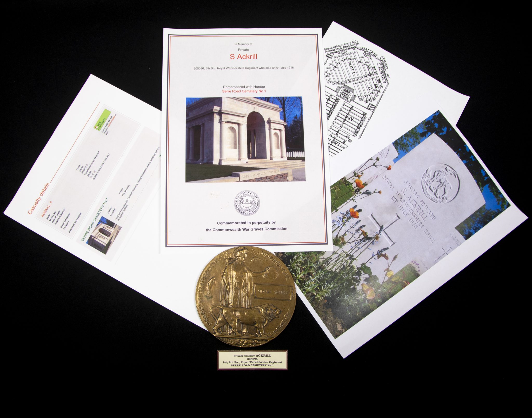 (British Army) First Day of the Somme 1 July 1916 - Memorial plaque of Private Sidney Ackrill, 305096, 8th Bn., Royal Warwickshire Regiment