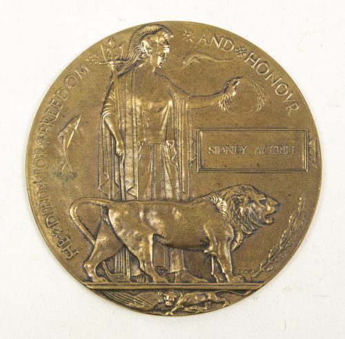 (British Army) First Day of the Somme 1 July 1916 - Memorial plaque of Private Sidney Ackrill, 305096, 8th Bn., Royal Warwickshire Regiment