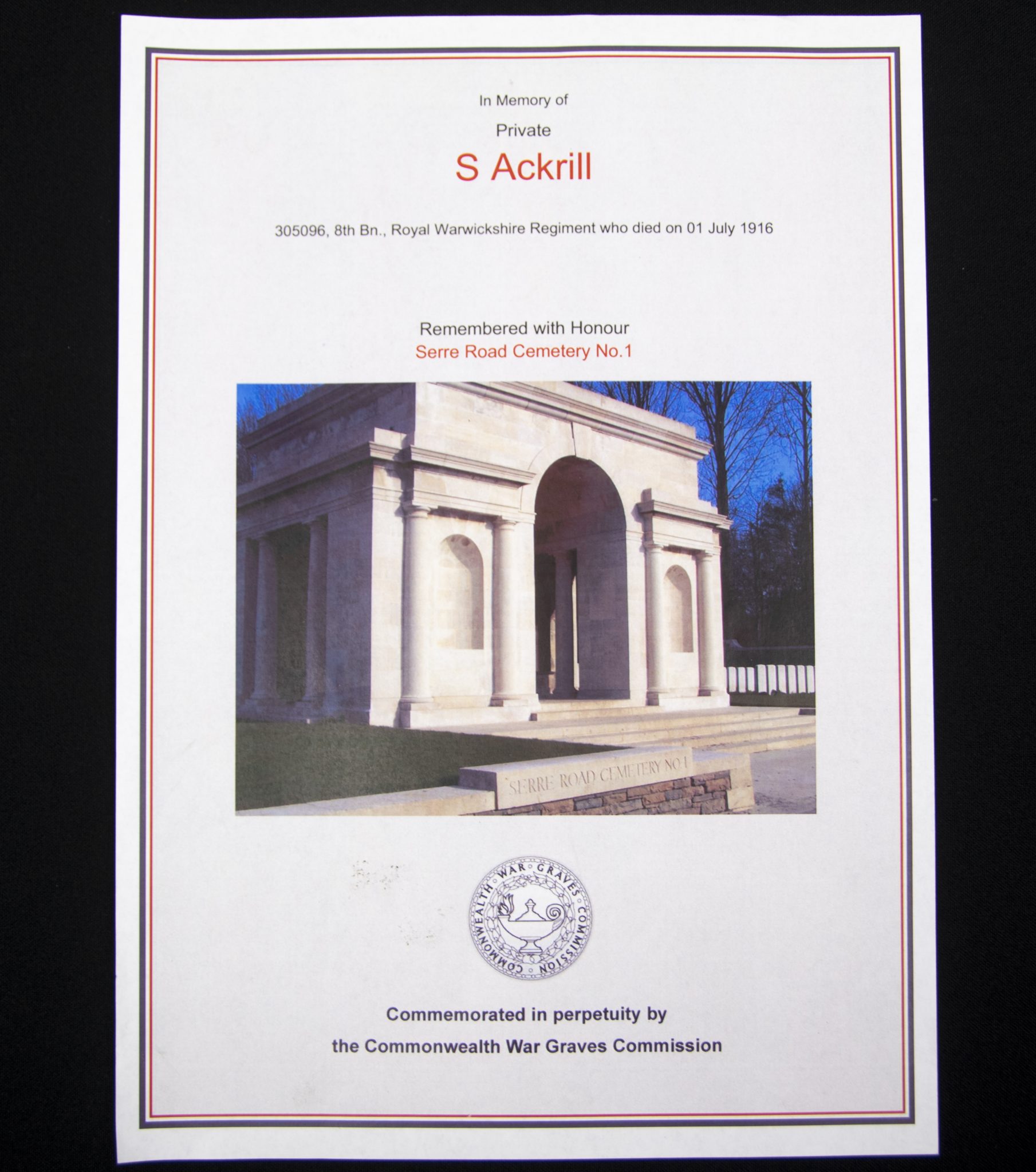 (British Army) First Day of the Somme 1 July 1916 - Memorial plaque of Private Sidney Ackrill, 305096, 8th Bn., Royal Warwickshire Regiment - Image 5