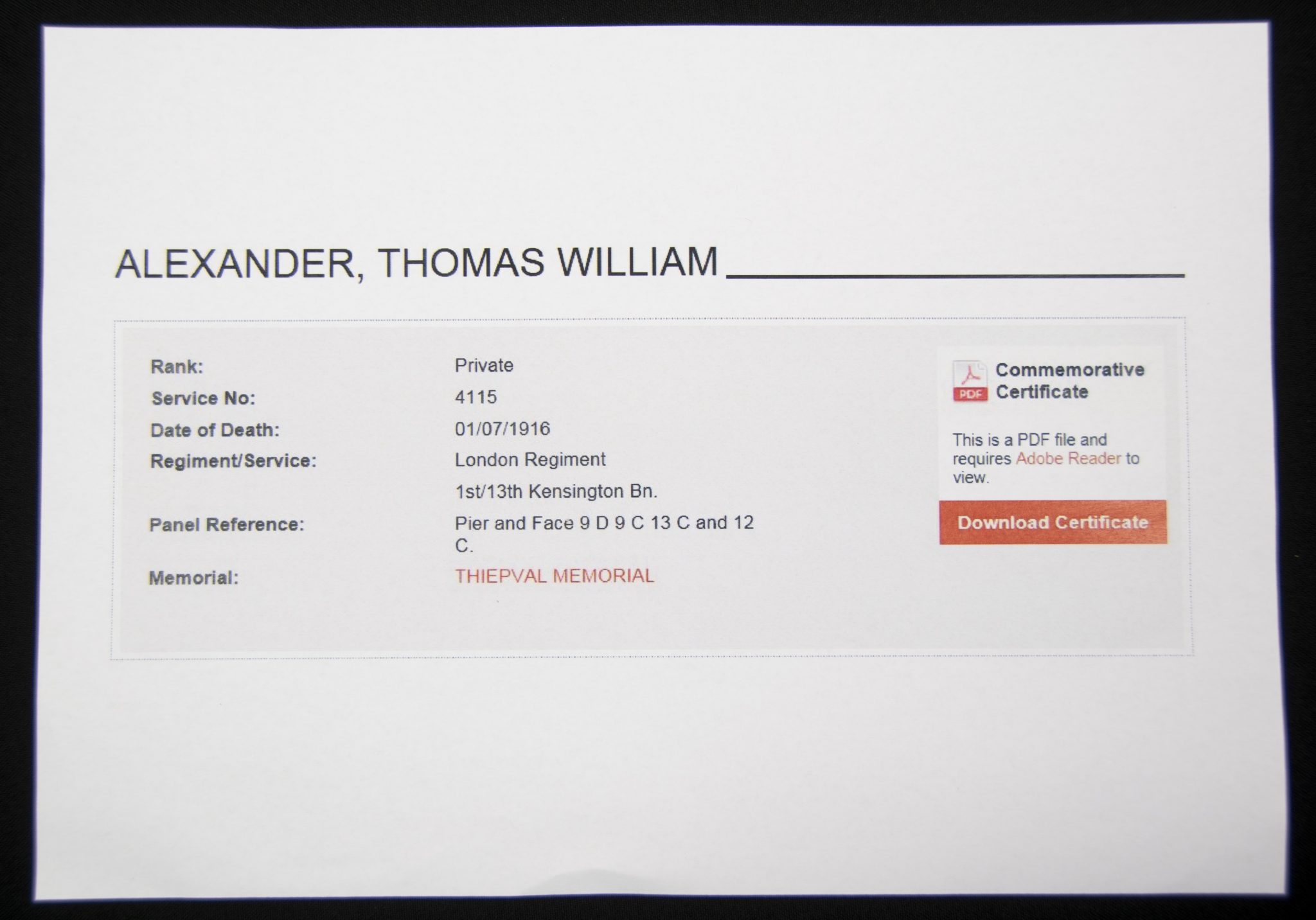 (British Army) First Day of the Somme 1 July 1916 - Memorial plaque of Private Thomas William Alexander, 4115, 1st13th Kensington Bn., London Regiment