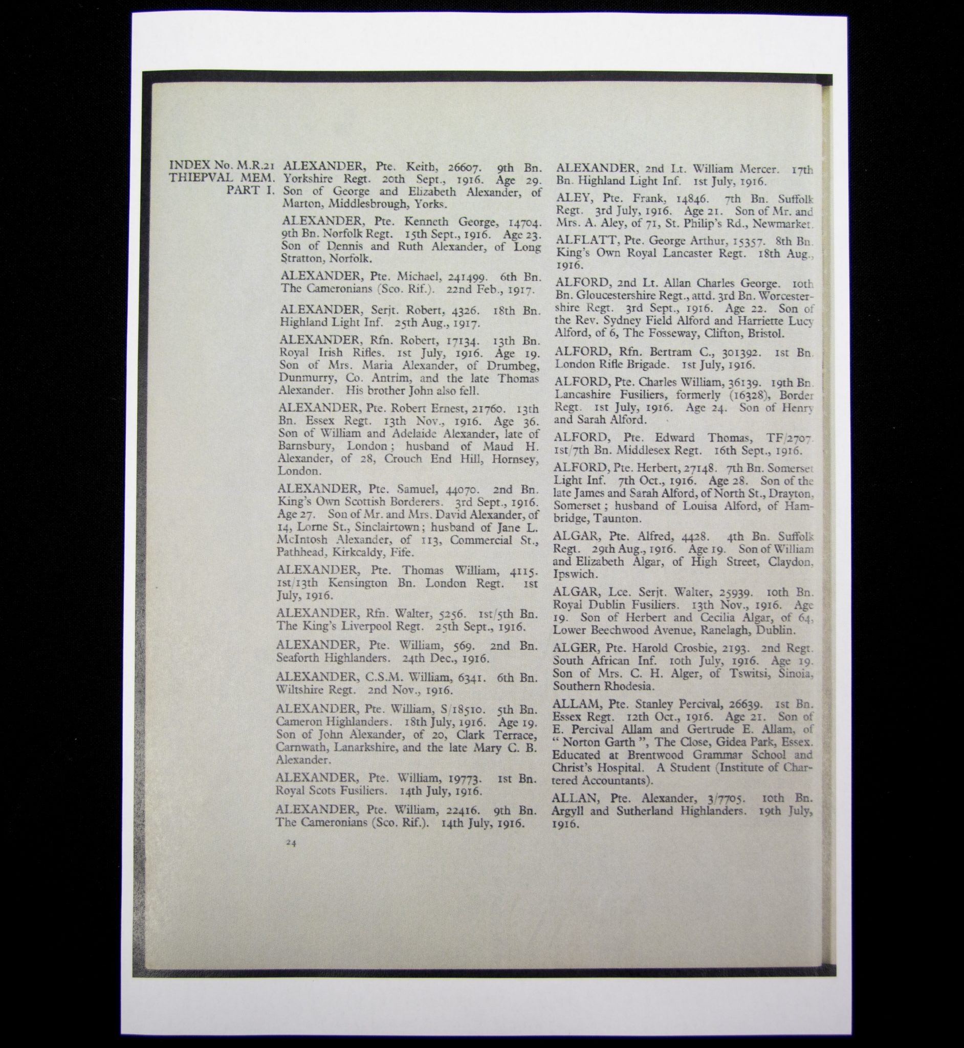 (British Army) First Day of the Somme 1 July 1916 - Memorial plaque of Private Thomas William Alexander, 4115, 1st13th Kensington Bn., London Regiment