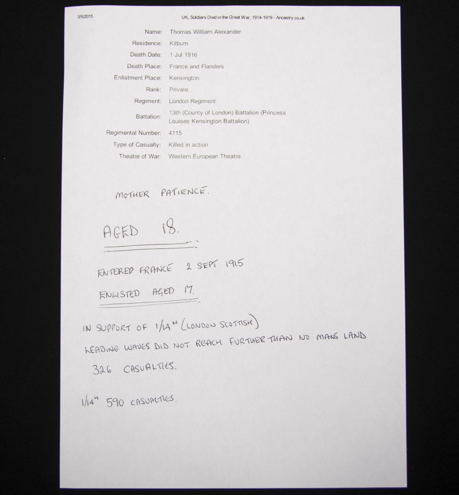 (British Army) First Day of the Somme 1 July 1916 - Memorial plaque of Private Thomas William Alexander, 4115, 1st13th Kensington Bn., London Regiment