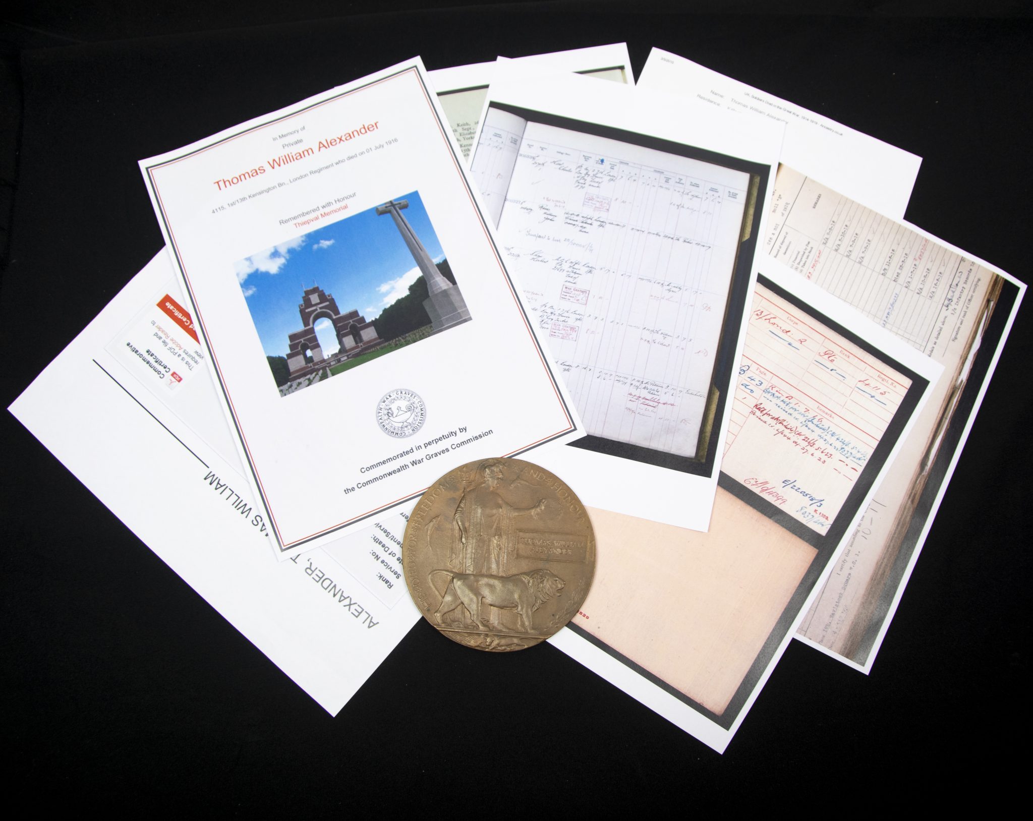 (British Army) First Day of the Somme 1 July 1916 - Memorial plaque of Private Thomas William Alexander, 4115, 1st13th Kensington Bn., London Regiment