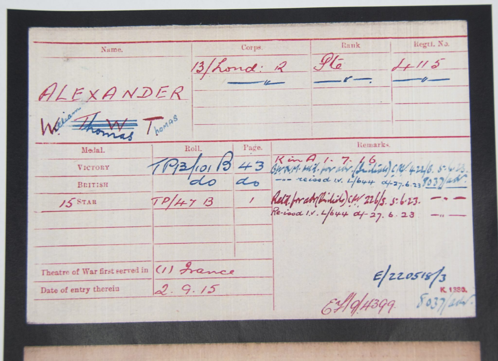 (British Army) First Day of the Somme 1 July 1916 - Memorial plaque of Private Thomas William Alexander, 4115, 1st13th Kensington Bn., London Regiment