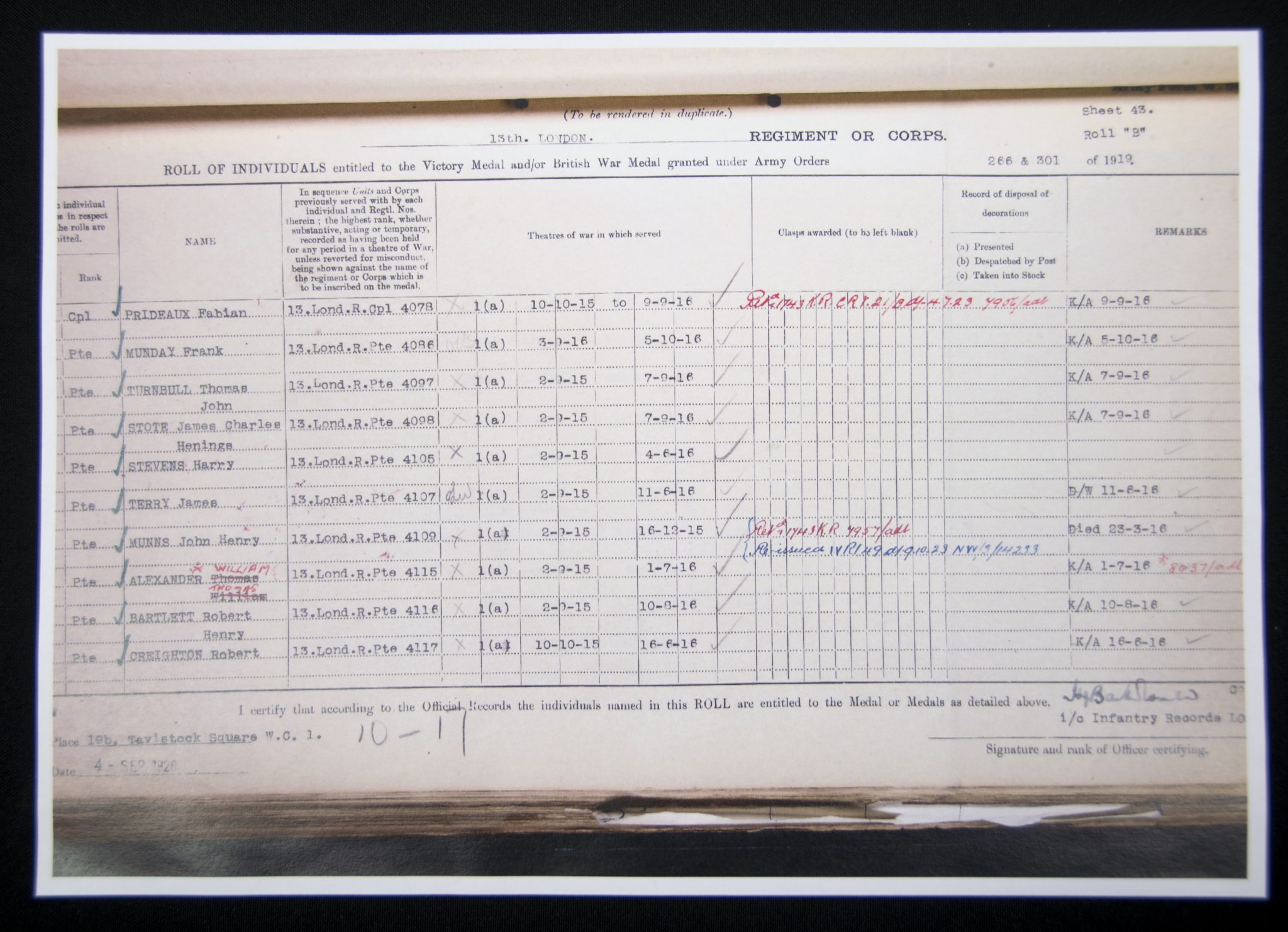 (British Army) First Day of the Somme 1 July 1916 - Memorial plaque of Private Thomas William Alexander, 4115, 1st13th Kensington Bn., London Regiment