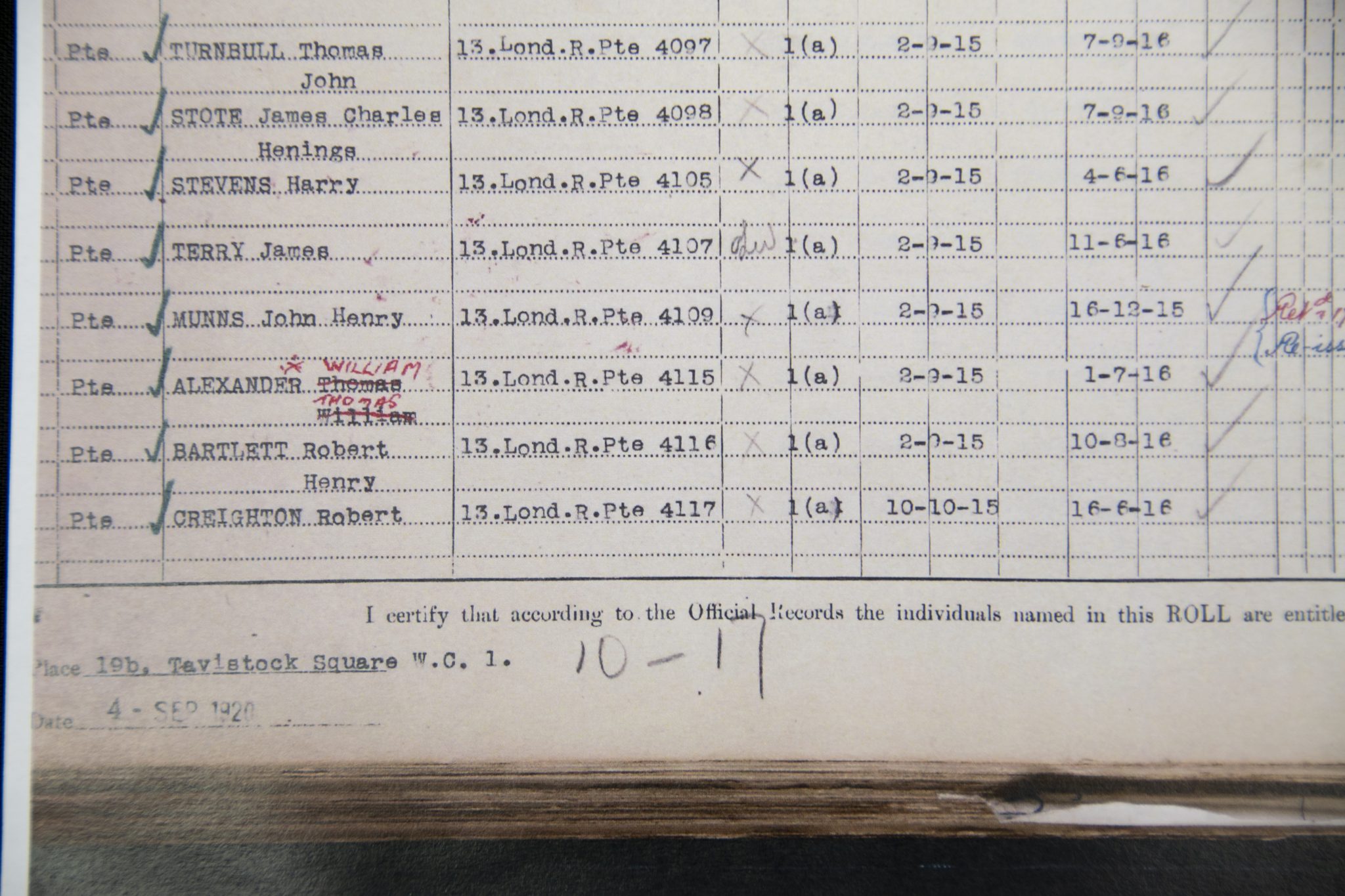 (British Army) First Day of the Somme 1 July 1916 - Memorial plaque of Private Thomas William Alexander, 4115, 1st13th Kensington Bn., London Regiment