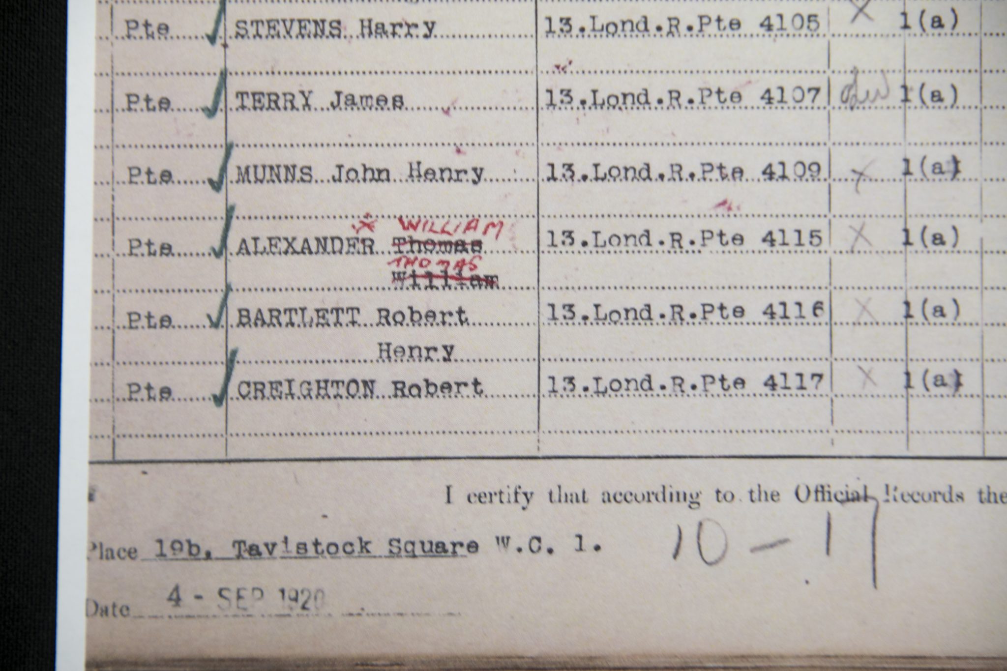 (British Army) First Day of the Somme 1 July 1916 - Memorial plaque of Private Thomas William Alexander, 4115, 1st13th Kensington Bn., London Regiment