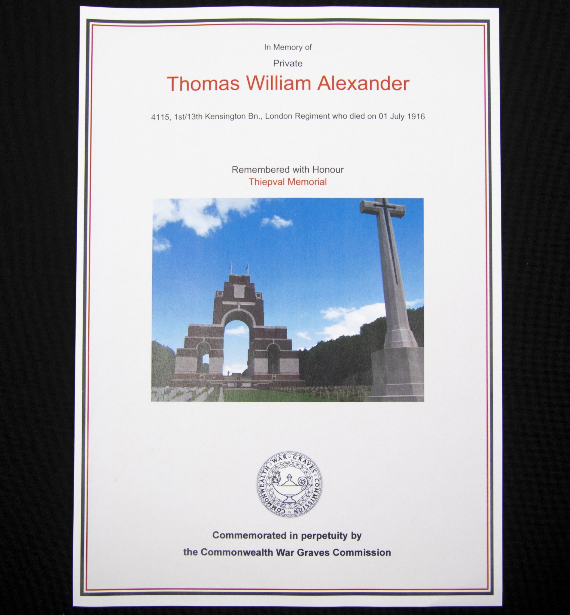 (British Army) First Day of the Somme 1 July 1916 - Memorial plaque of Private Thomas William Alexander, 4115, 1st13th Kensington Bn., London Regiment