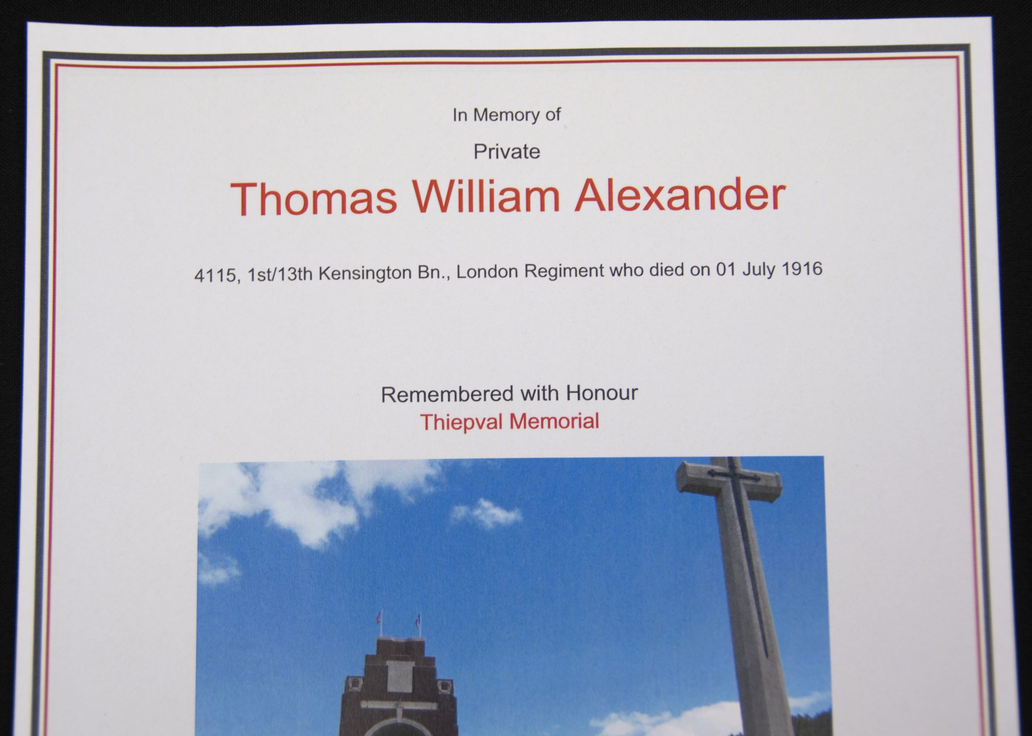 (British Army) First Day of the Somme 1 July 1916 - Memorial plaque of Private Thomas William Alexander, 4115, 1st13th Kensington Bn., London Regiment
