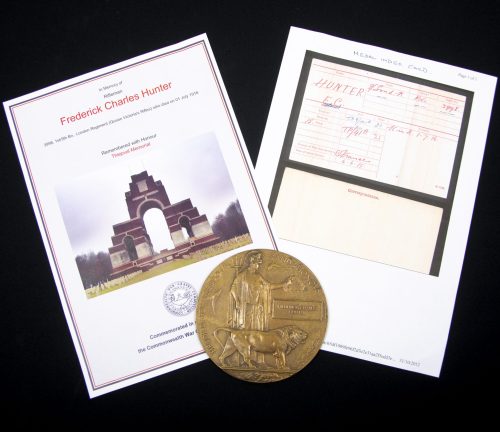 (British Army) First Day of the Somme 1 July 1916 - Memorial plaque of Rifleman Frederick Charles Hunter, 3998, 1st9th Bn., London Regiment