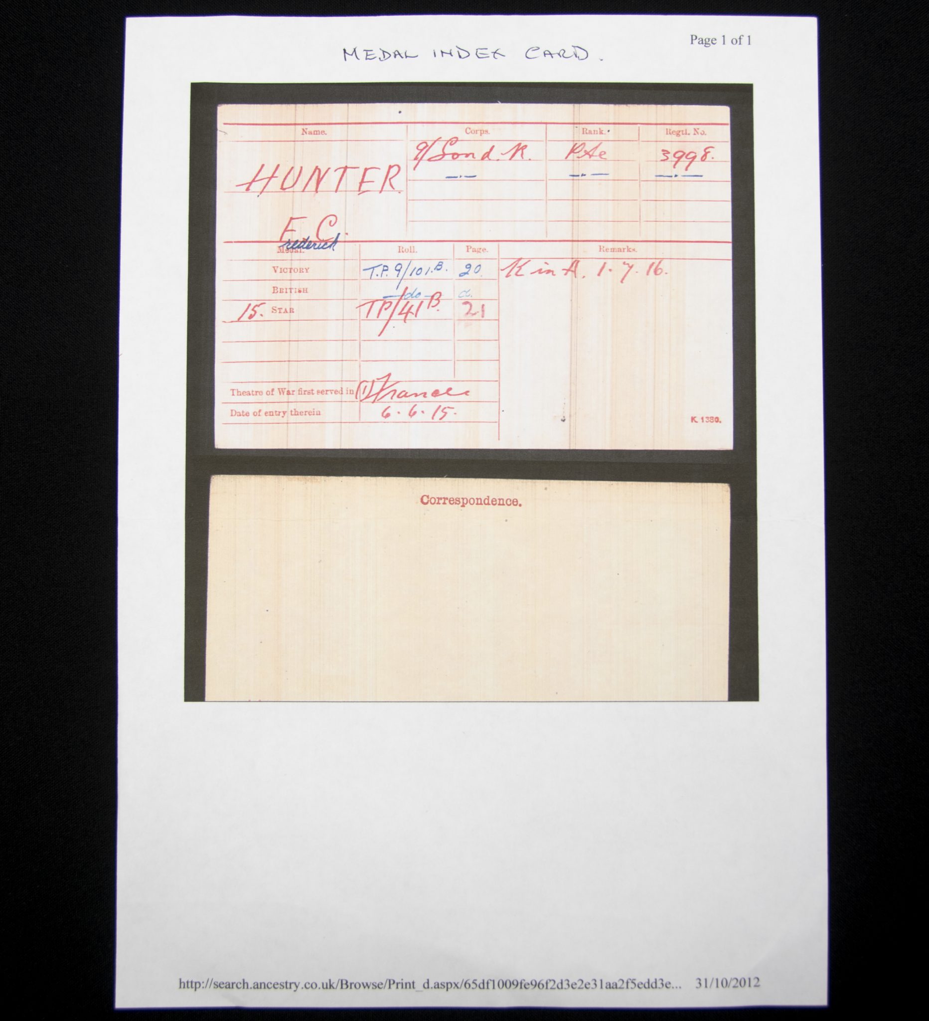 (British Army) First Day of the Somme 1 July 1916 - Memorial plaque of Rifleman Frederick Charles Hunter, 3998, 1st9th Bn., London Regiment