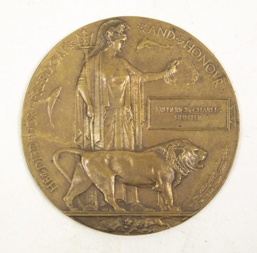 (British Army) First Day of the Somme 1 July 1916 - Memorial plaque of Rifleman Frederick Charles Hunter, 3998, 1st9th Bn., London Regiment