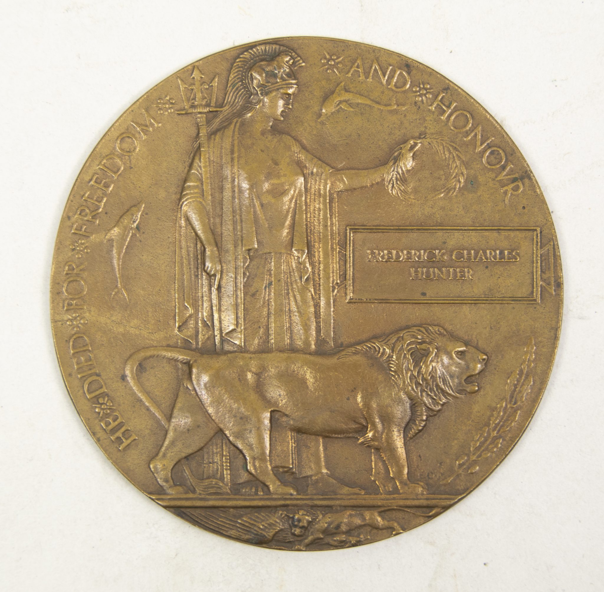 (British Army) First Day of the Somme 1 July 1916 - Memorial plaque of Rifleman Frederick Charles Hunter, 3998, 1st9th Bn., London Regiment