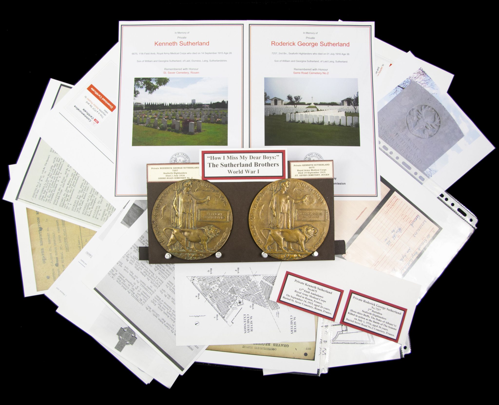 (British Army) First Day of the Somme 1 July 1916 - Memorial plaques of The Sutherland Brothers, 7257 + 6675 - RARE