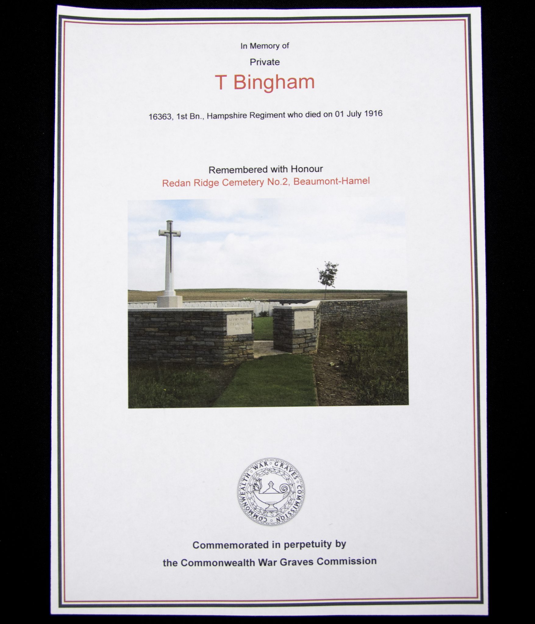 (British Army) First Day of the Somme 1 July 1916 - Victory medal + Brittish War Medal of Private Thomas Bingham, 16363, 1st Bn., Hampshire Regiment - Image 15