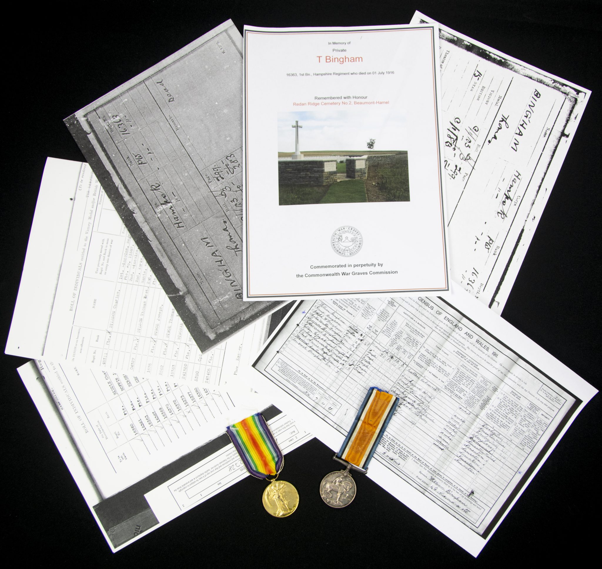 (British Army) First Day of the Somme 1 July 1916 - Victory medal + Brittish War Medal of Private Thomas Bingham, 16363, 1st Bn., Hampshire Regiment