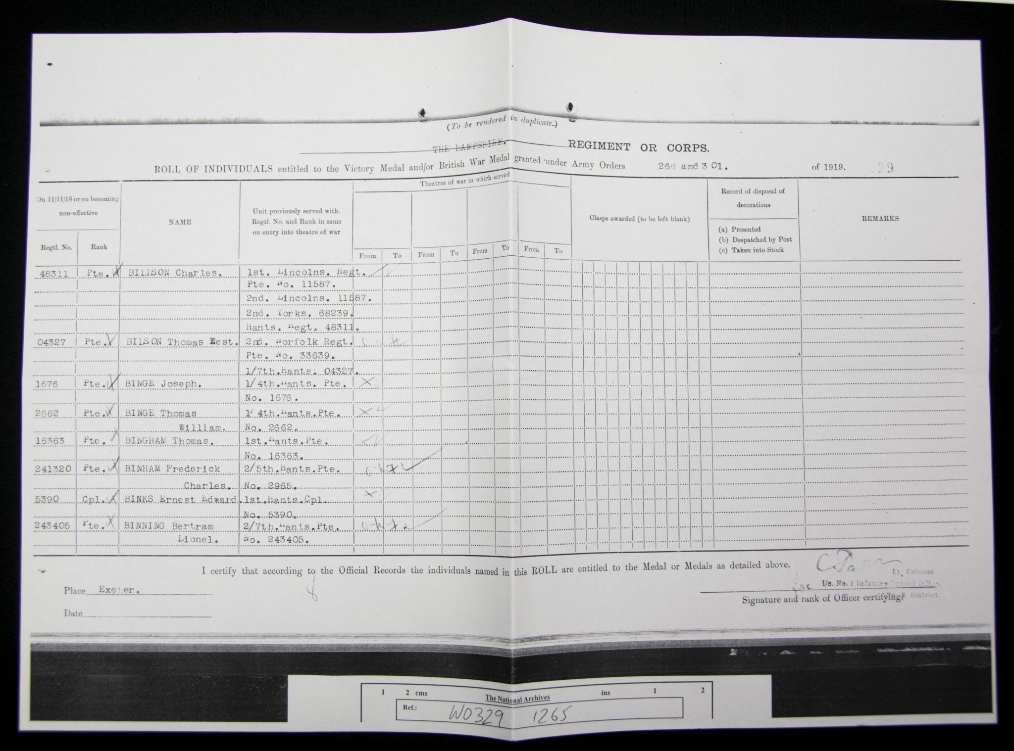 (British Army) First Day of the Somme 1 July 1916 - Victory medal + Brittish War Medal of Private Thomas Bingham, 16363, 1st Bn., Hampshire Regiment - Image 20