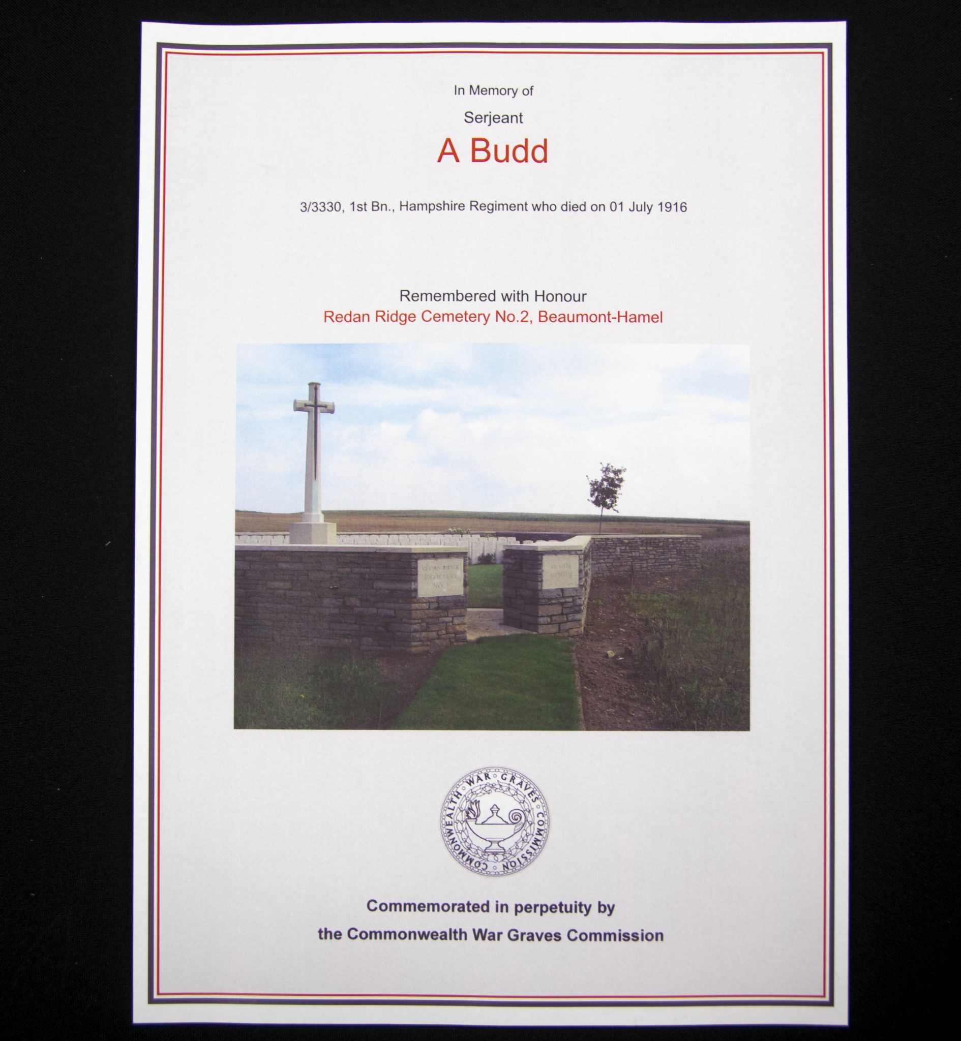 (British Army) First Day of the Somme 1 July 1916 - Victory medal + Brittish War Medal of Serjeant Albert Budd, 3/3330, 1st Bn., Hampshire Regiment - Image 15