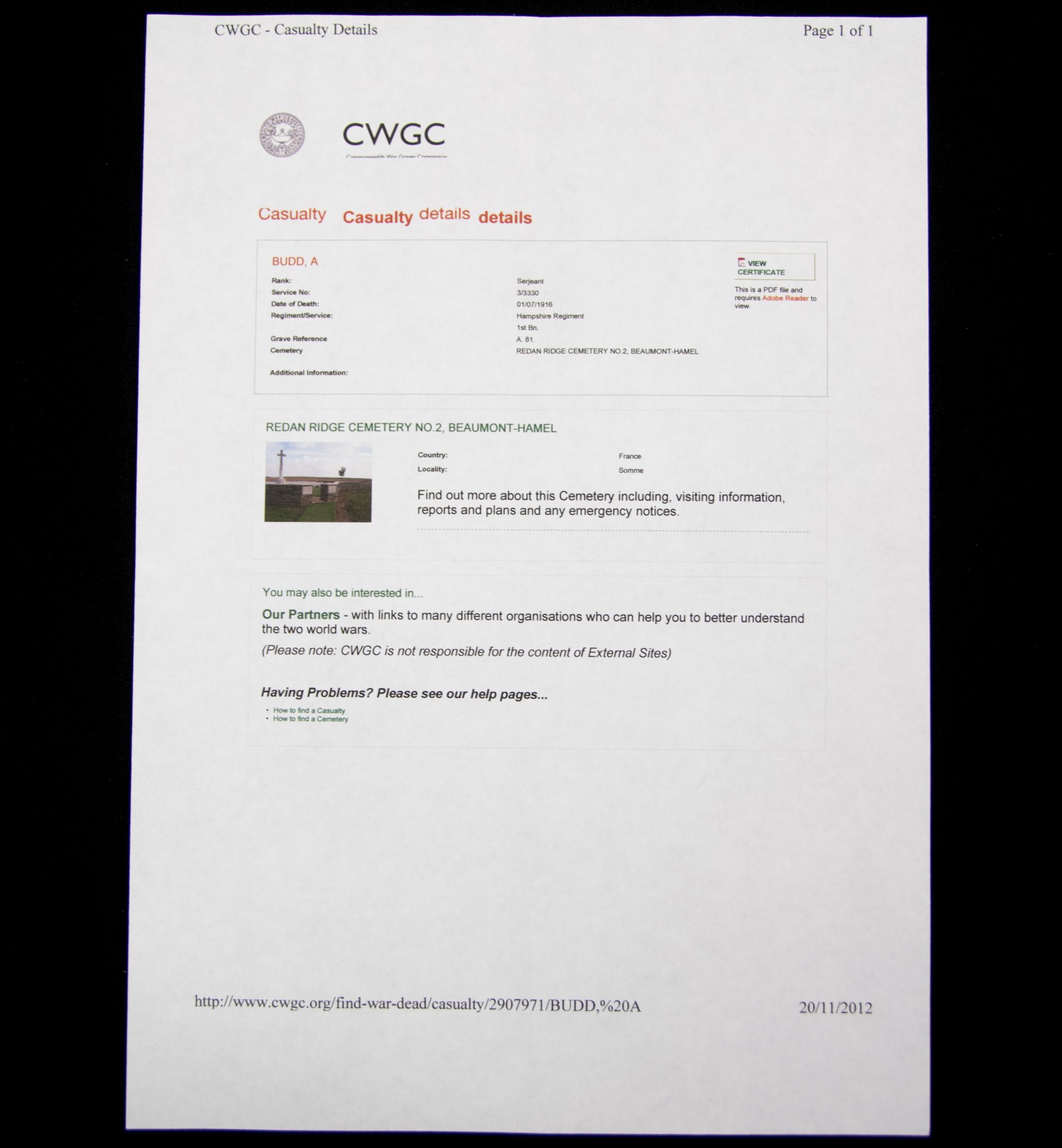 (British Army) First Day of the Somme 1 July 1916 - Victory medal + Brittish War Medal of Serjeant Albert Budd, 3/3330, 1st Bn., Hampshire Regiment - Image 18