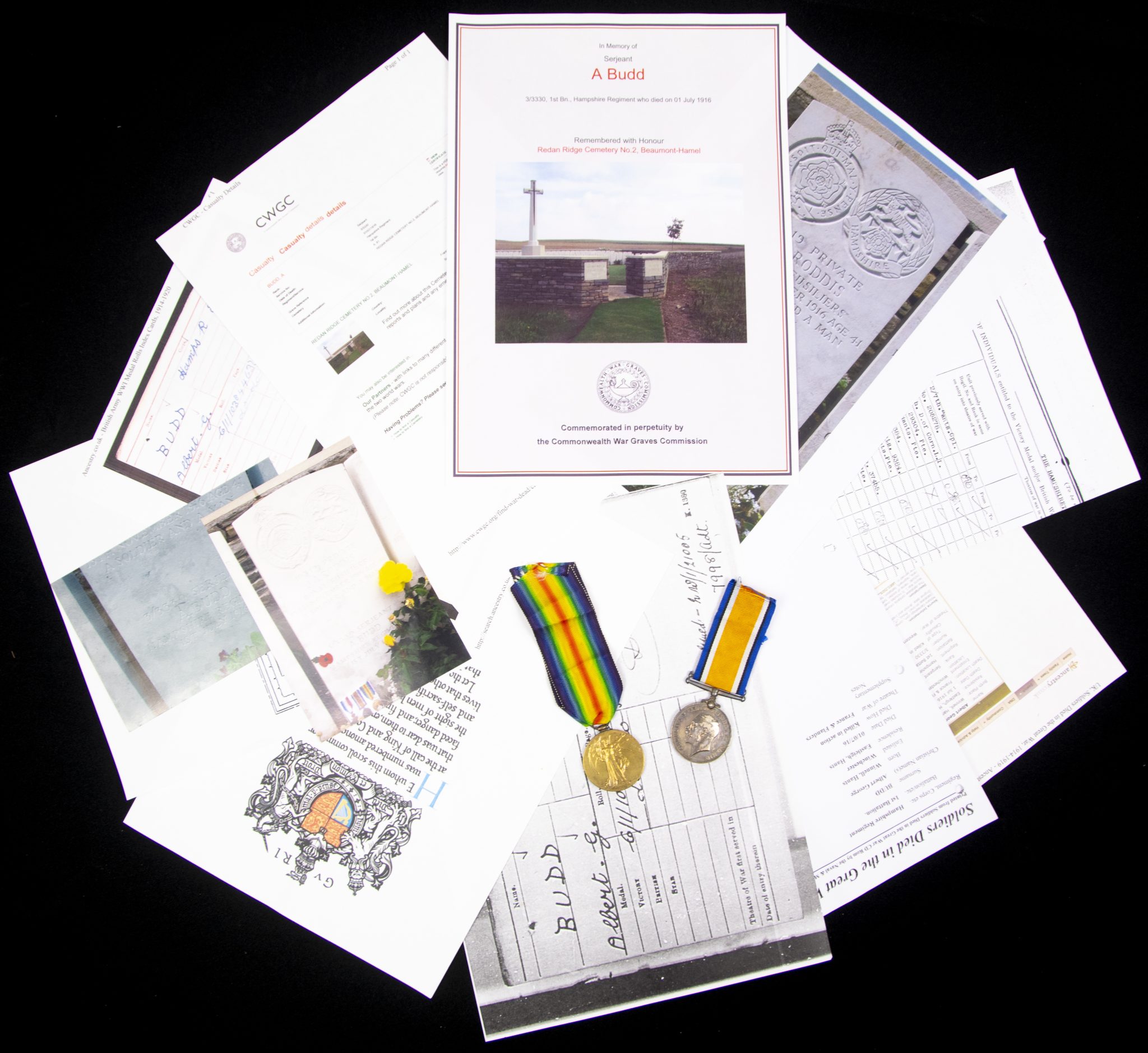 (British Army) First Day of the Somme 1 July 1916 - Victory medal + Brittish War Medal of Serjeant Albert Budd, 33330, 1st Bn., Hampshire Regiment