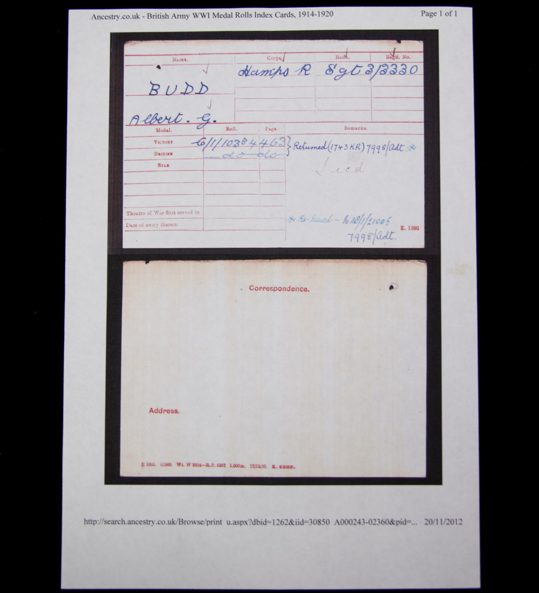 (British Army) First Day of the Somme 1 July 1916 - Victory medal + Brittish War Medal of Serjeant Albert Budd, 3/3330, 1st Bn., Hampshire Regiment - Image 20