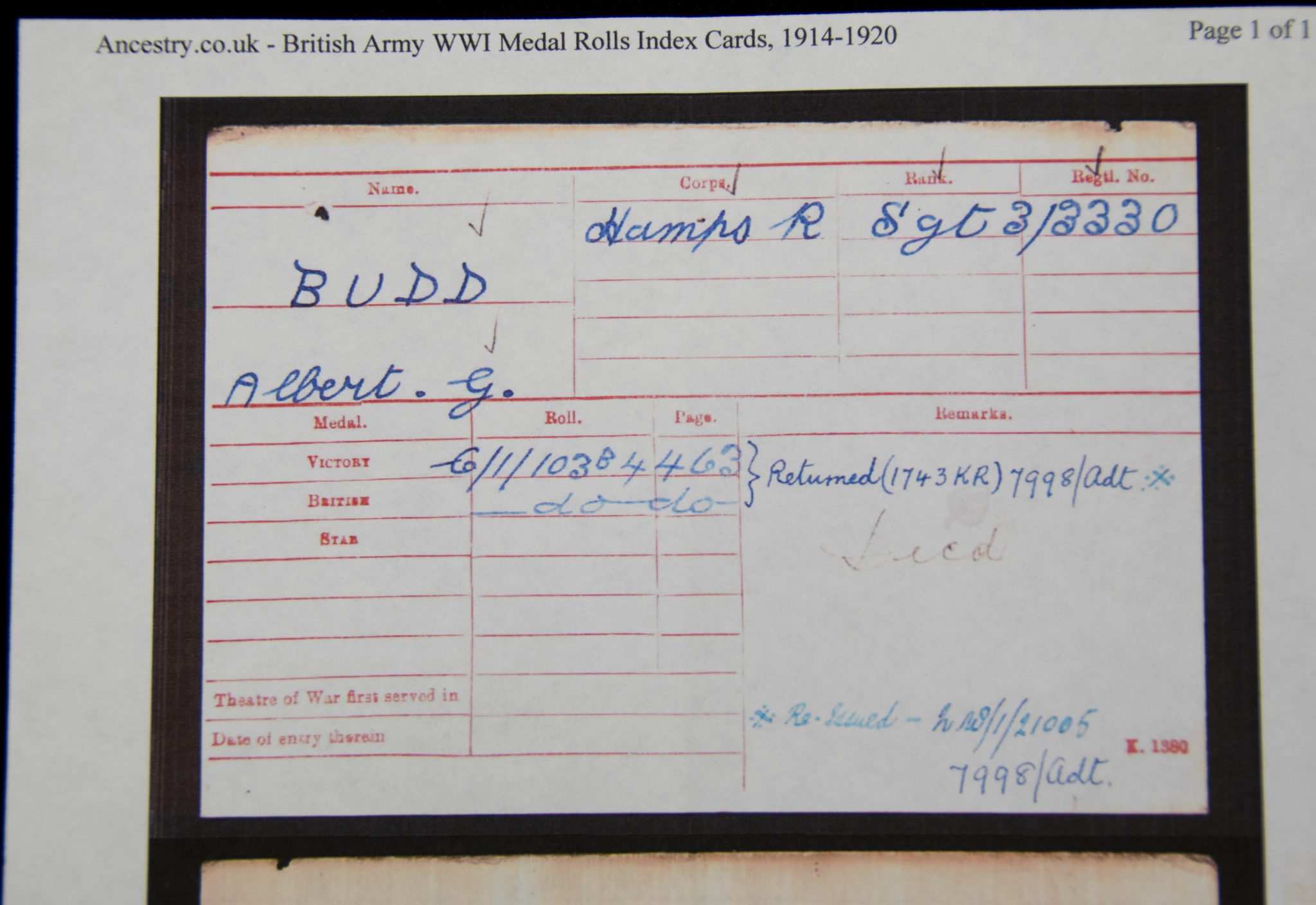(British Army) First Day of the Somme 1 July 1916 - Victory medal + Brittish War Medal of Serjeant Albert Budd, 3/3330, 1st Bn., Hampshire Regiment - Image 21