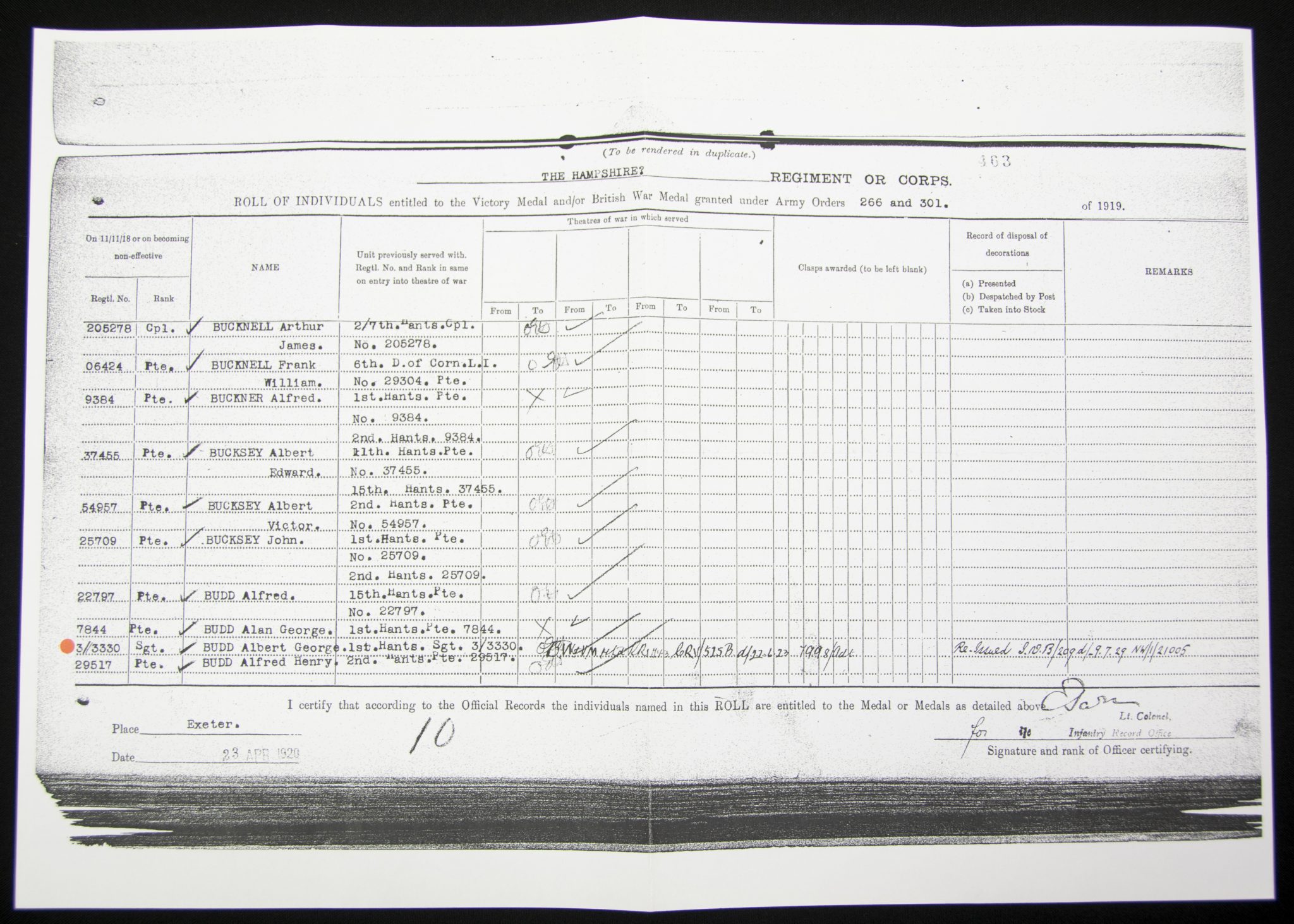 (British Army) First Day of the Somme 1 July 1916 - Victory medal + Brittish War Medal of Serjeant Albert Budd, 3/3330, 1st Bn., Hampshire Regiment - Image 25