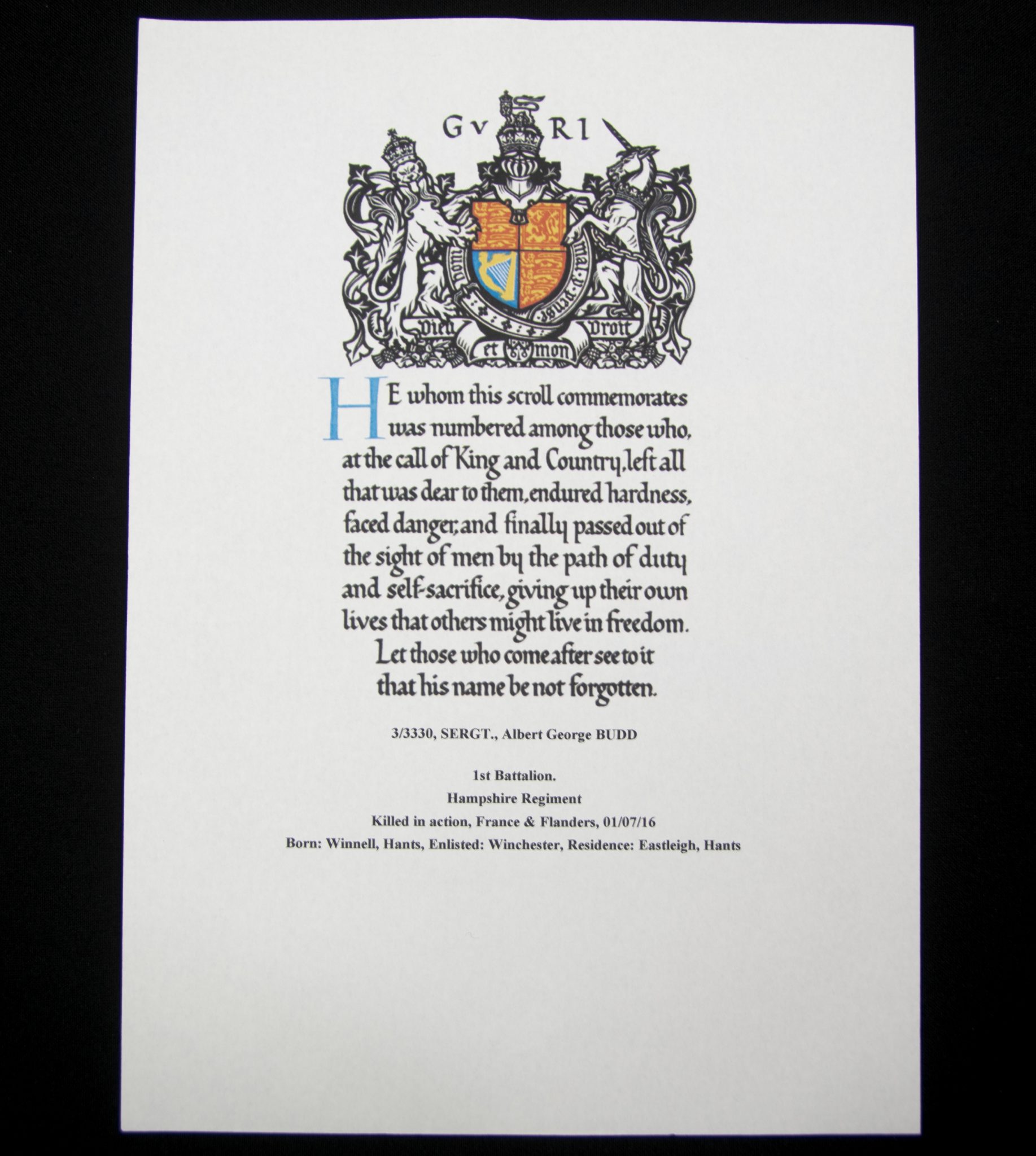 (British Army) First Day of the Somme 1 July 1916 - Victory medal + Brittish War Medal of Serjeant Albert Budd, 3/3330, 1st Bn., Hampshire Regiment - Image 28