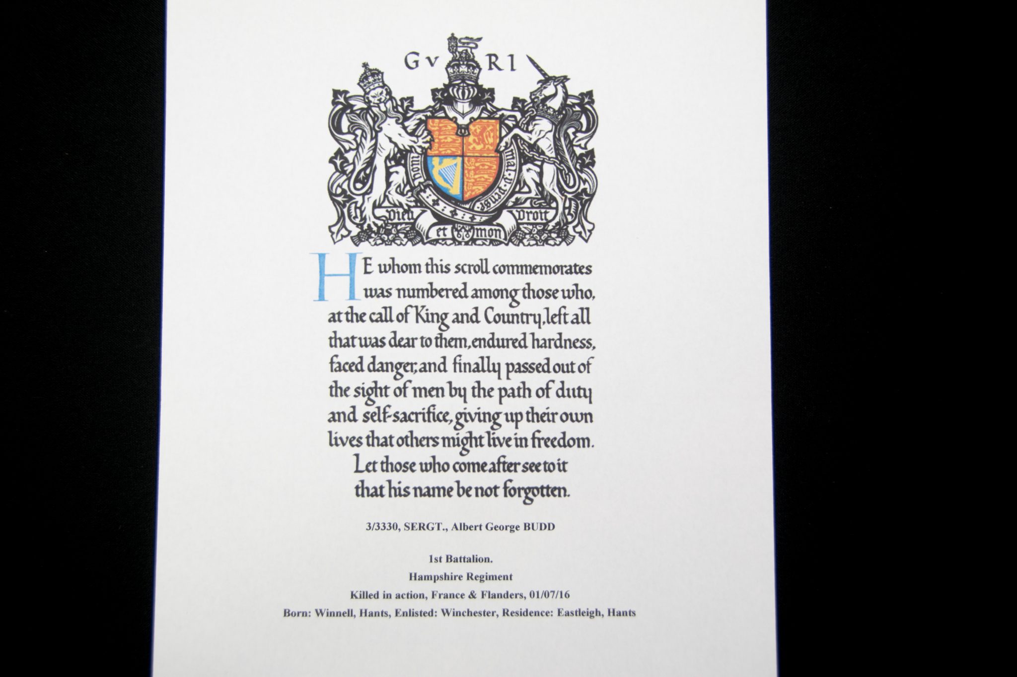 (British Army) First Day of the Somme 1 July 1916 - Victory medal + Brittish War Medal of Serjeant Albert Budd, 3/3330, 1st Bn., Hampshire Regiment - Image 29
