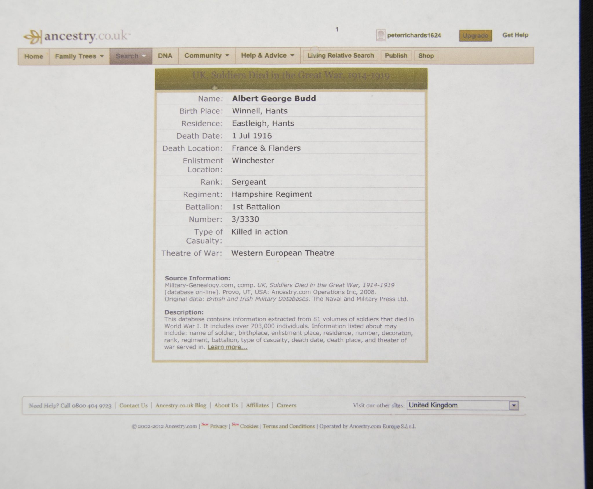 (British Army) First Day of the Somme 1 July 1916 - Victory medal + Brittish War Medal of Serjeant Albert Budd, 3/3330, 1st Bn., Hampshire Regiment - Image 30