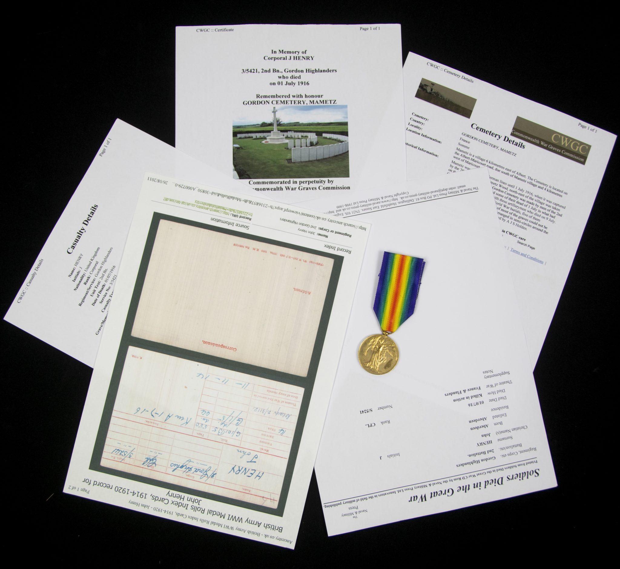 (British Army) First Day of the Somme 1 July 1916 - Victory medal of Corporal John Henry, 35421, 2nd Bn., Gordon Highlanders